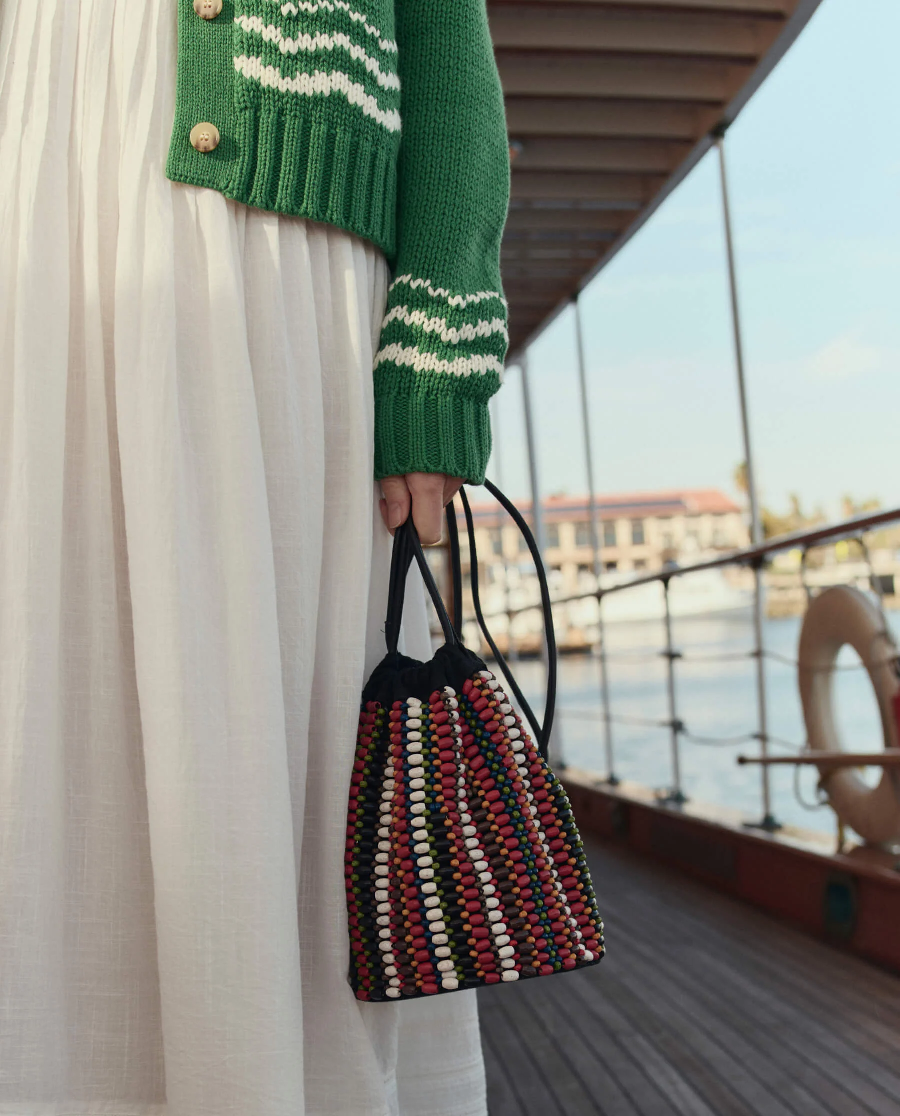 The Beaded Cinched Bucket Bag. -- Cabana Stripe - Image 4