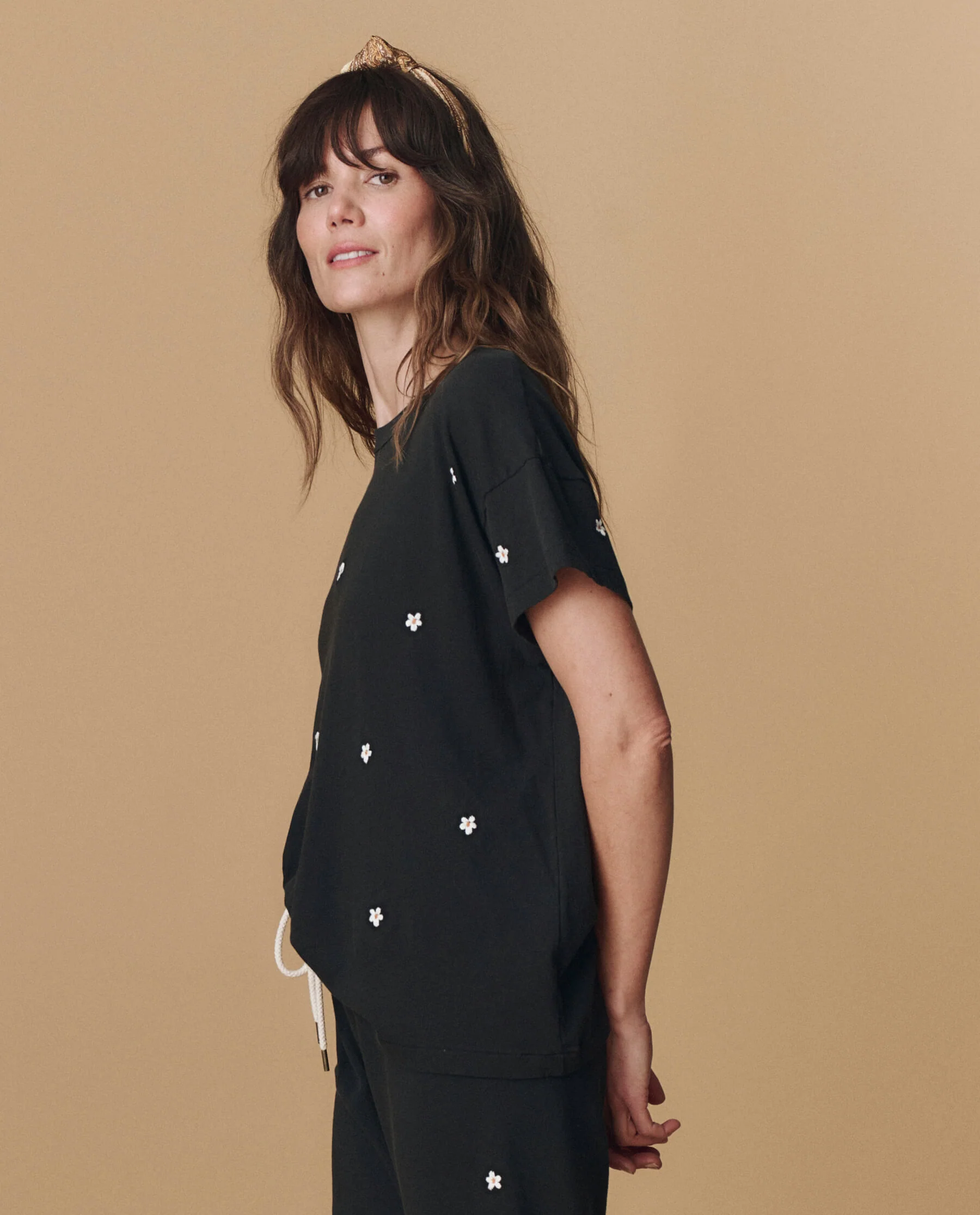The Boxy Crew. Embroidered -- Almost Black With Daisy Embroidery - Image 4