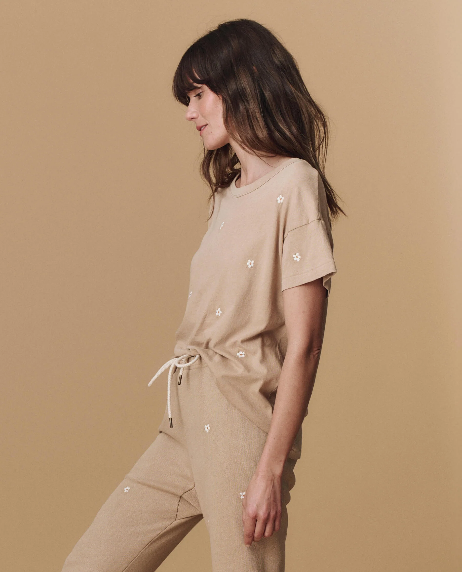 The Boxy Crew. Embroidered -- Khaki with Daisy Embroidery - Image 3