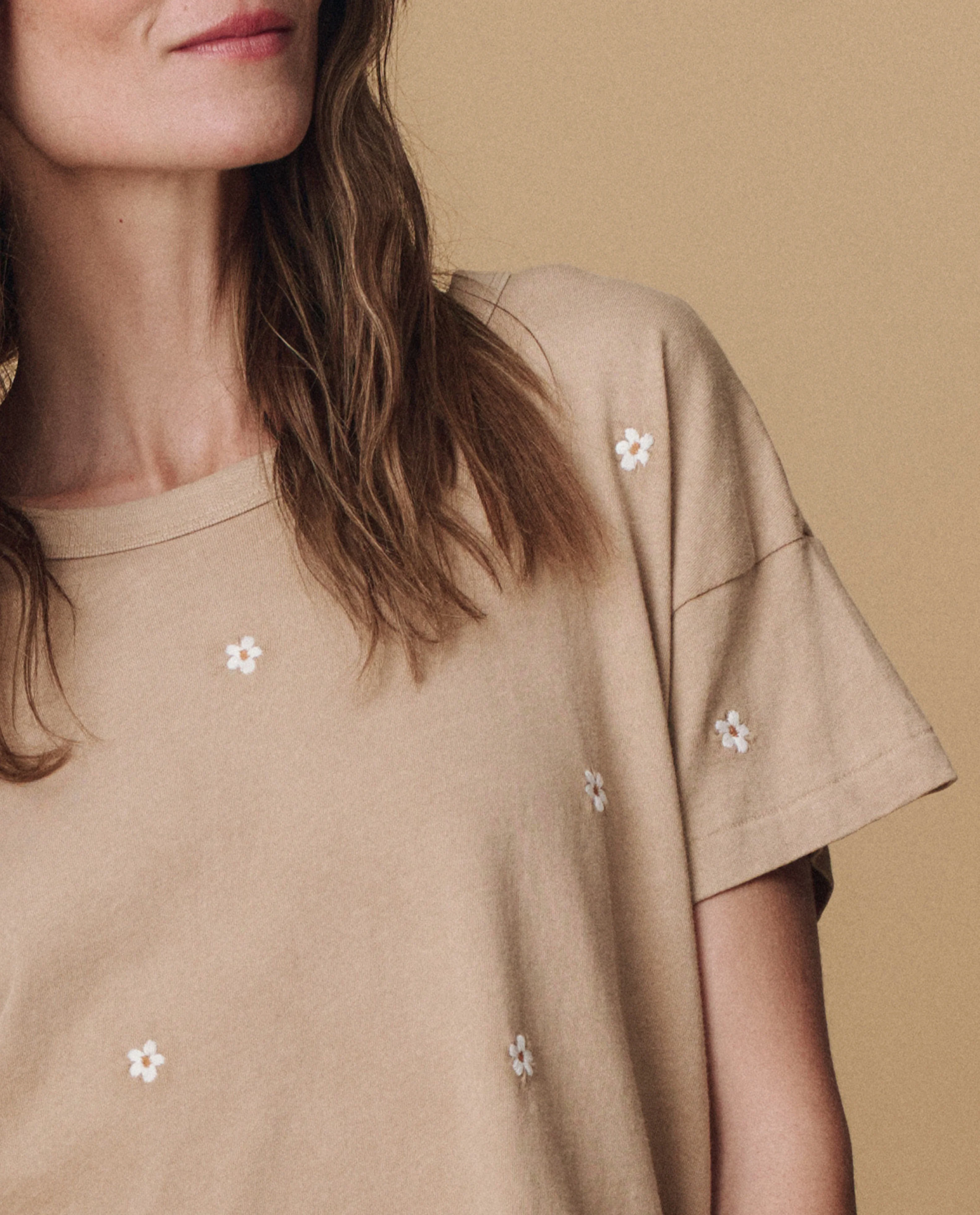 The Boxy Crew. Embroidered -- Khaki with Daisy Embroidery - Image 4