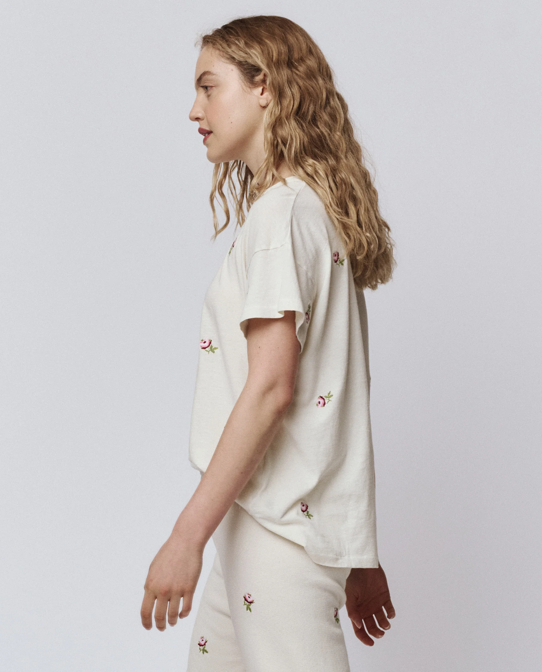 The Boxy Crew. Embroidered -- Washed White With Embroidered Roses - Image 3