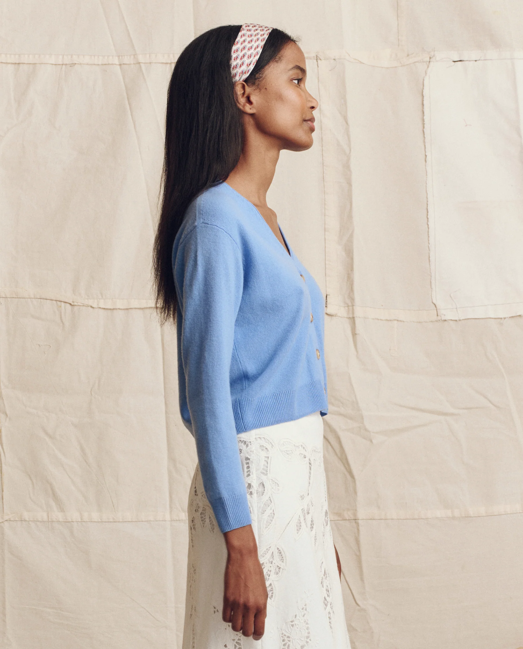 The Cashmere Tiny V Neck Cardigan. -- Soft Blue - Image 3