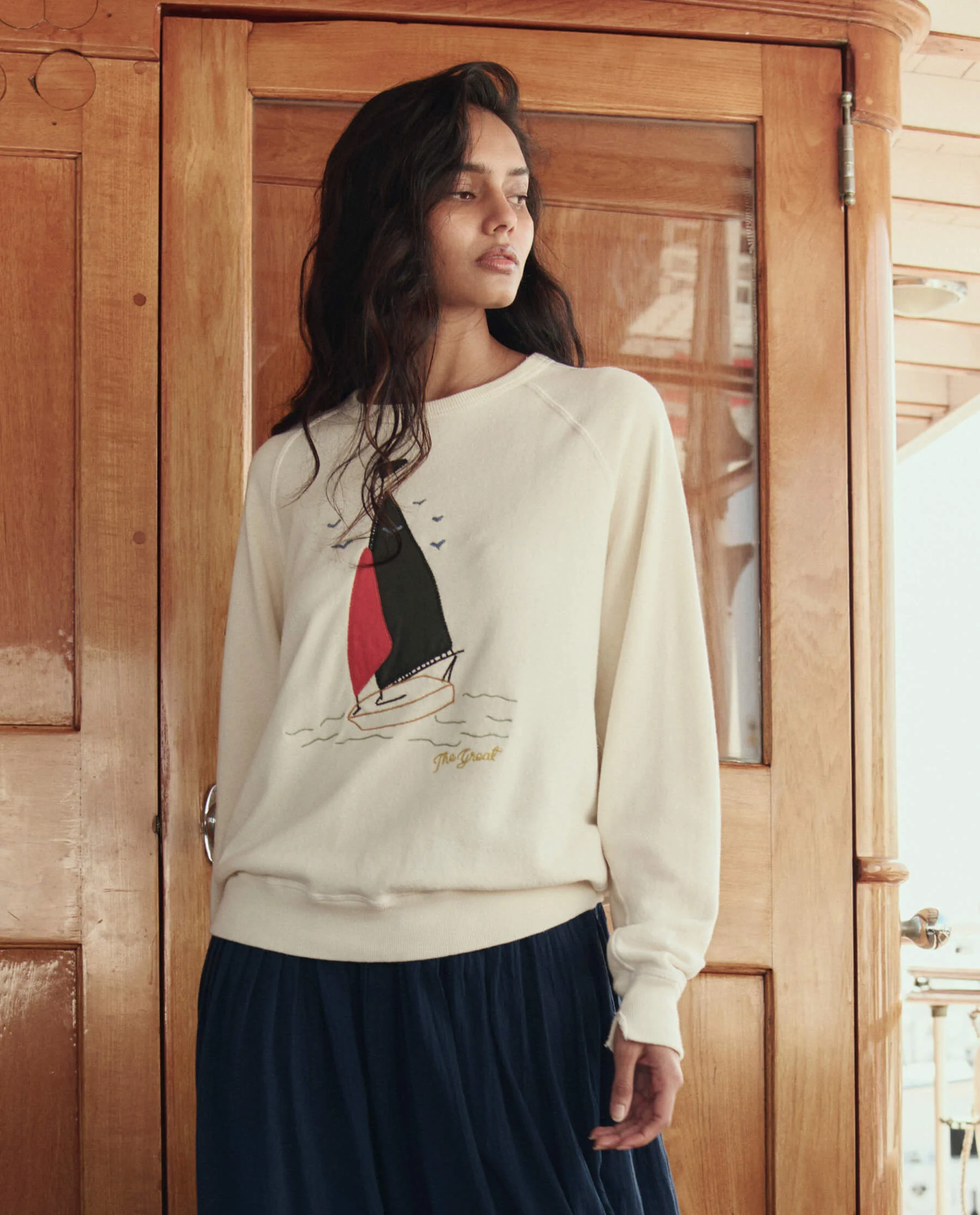 The College Sweatshirt w/ Sailing Boat Applique. -- Washed White - Image 2