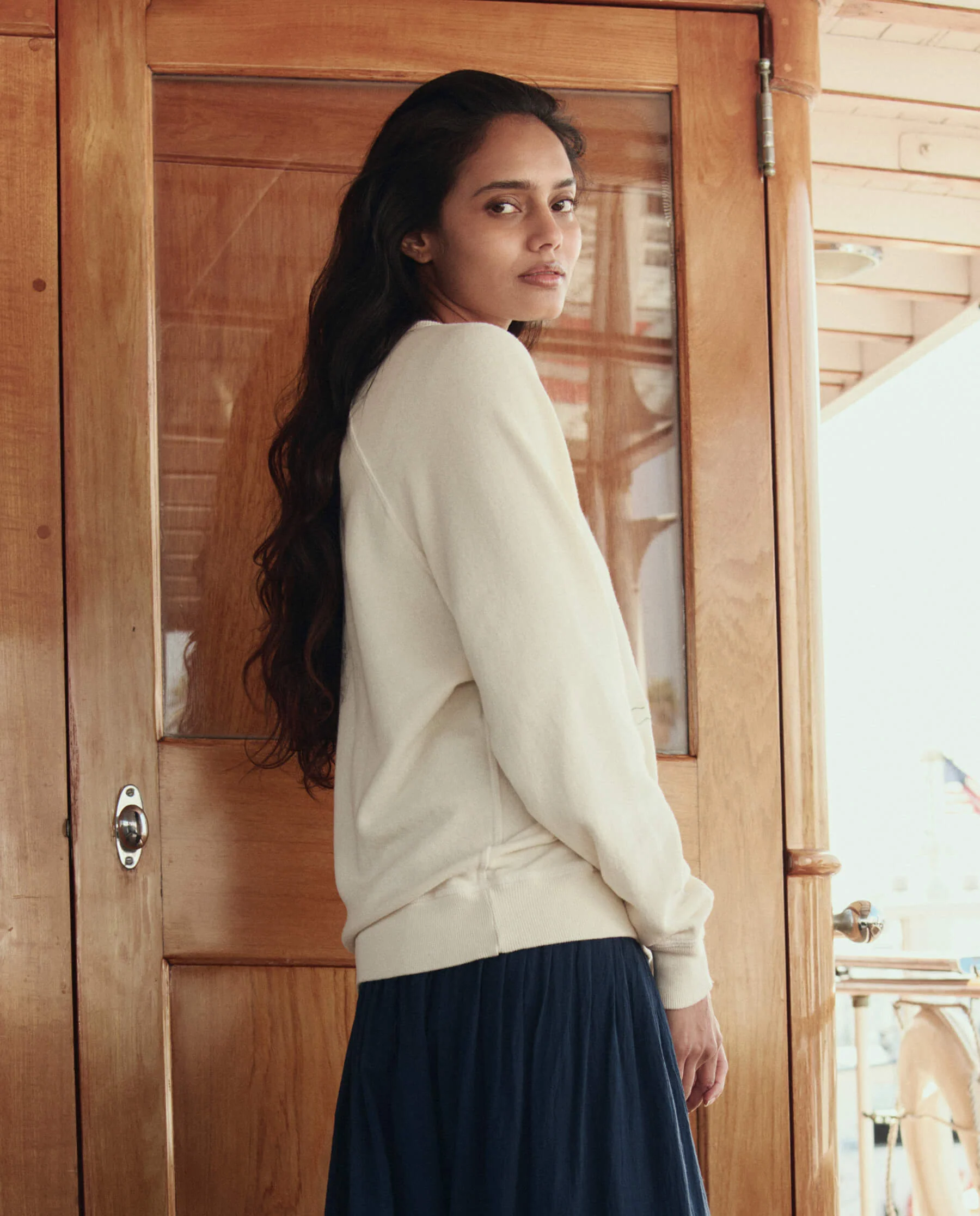 The College Sweatshirt w/ Sailing Boat Applique. -- Washed White - Image 3