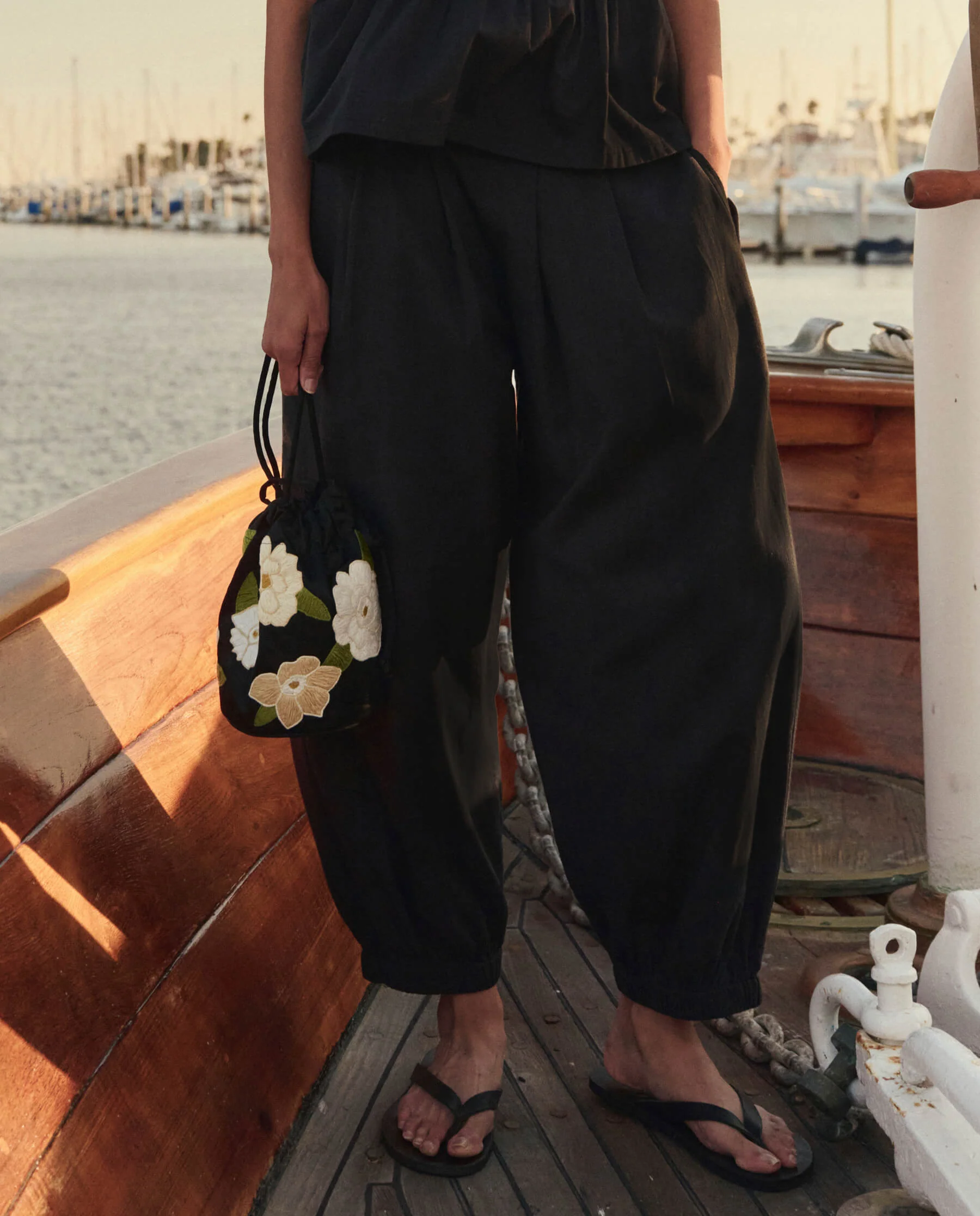 The Embroidered Cinched Bucket Bag. -- Black - Image 3