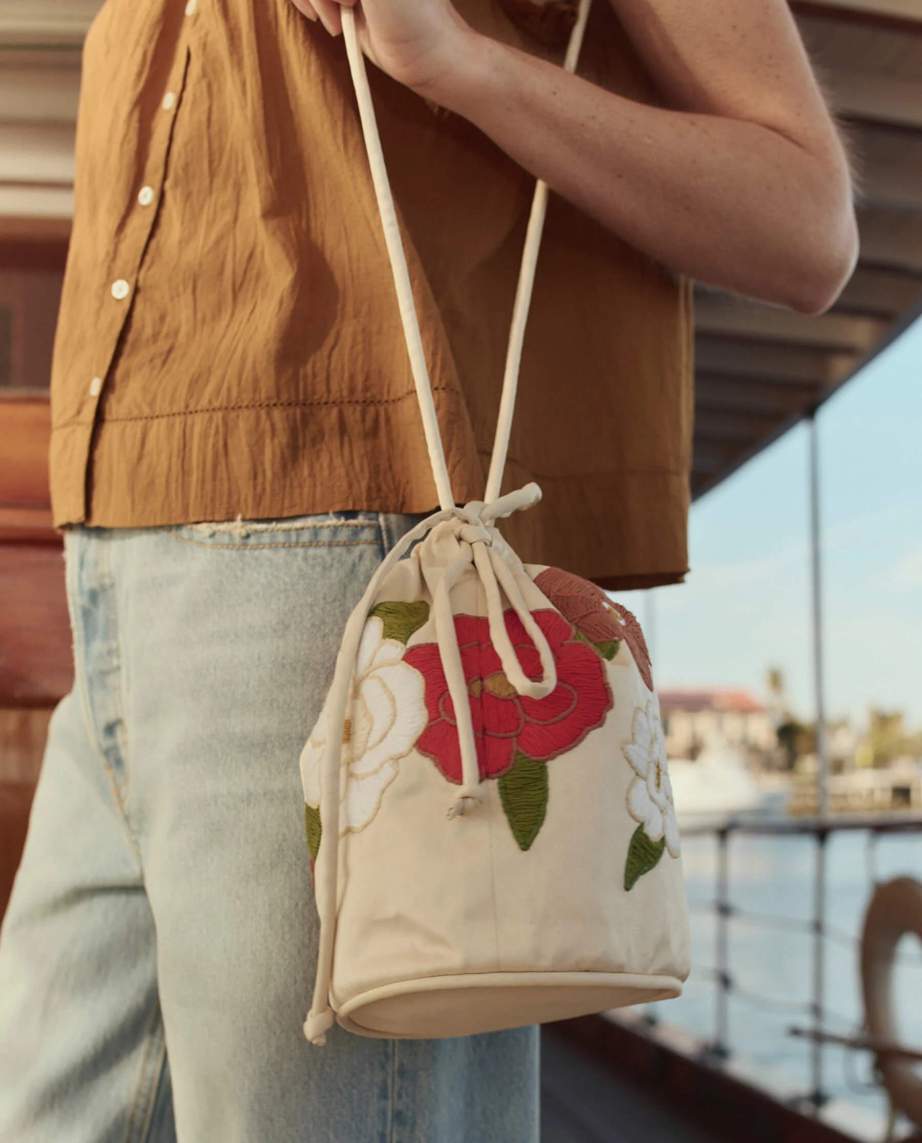 The Embroidered Cinched Bucket Bag. -- White - Image 4