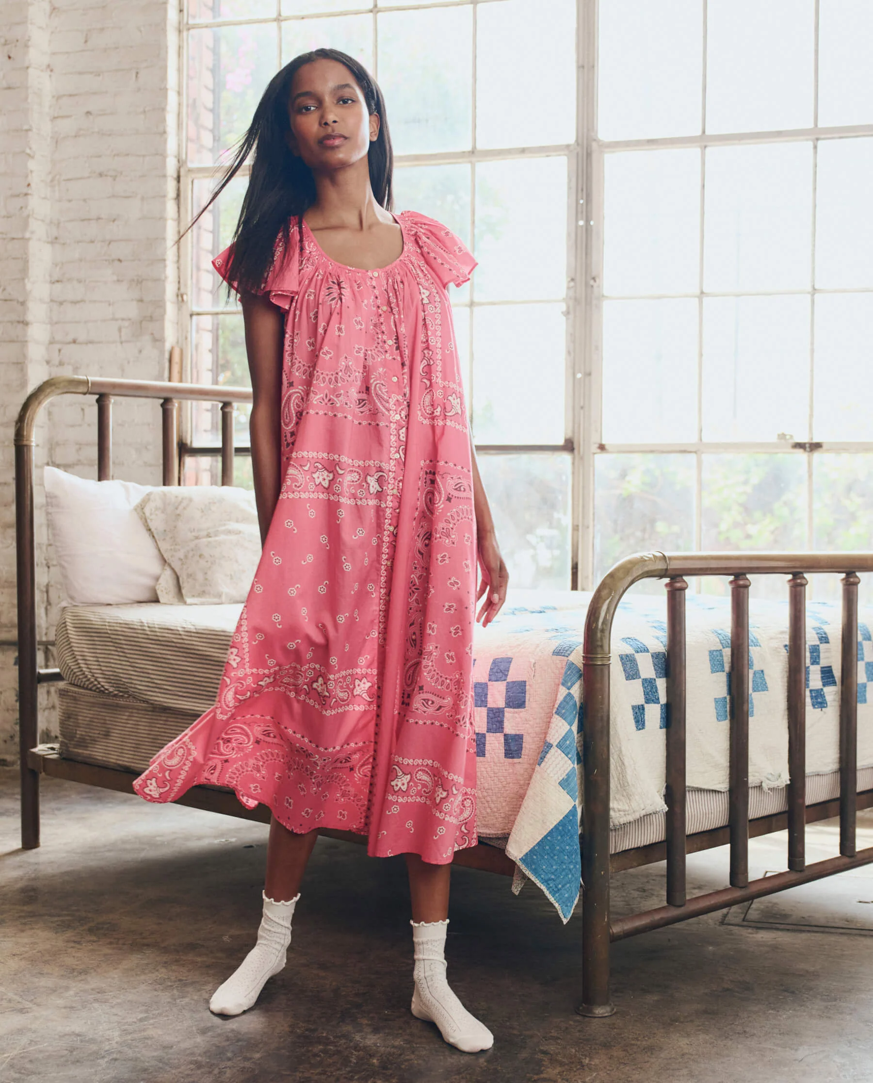 The Flutter Sleeve Sleep Dress. -- Pink Bandana Patchwork - Image 5