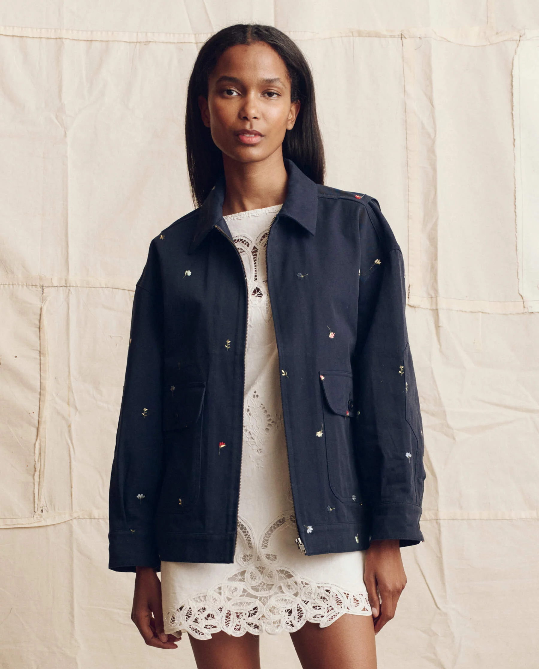The Folsom Jacket. Embroidered -- Navy with Tossed Floral Embroidery - Image 3