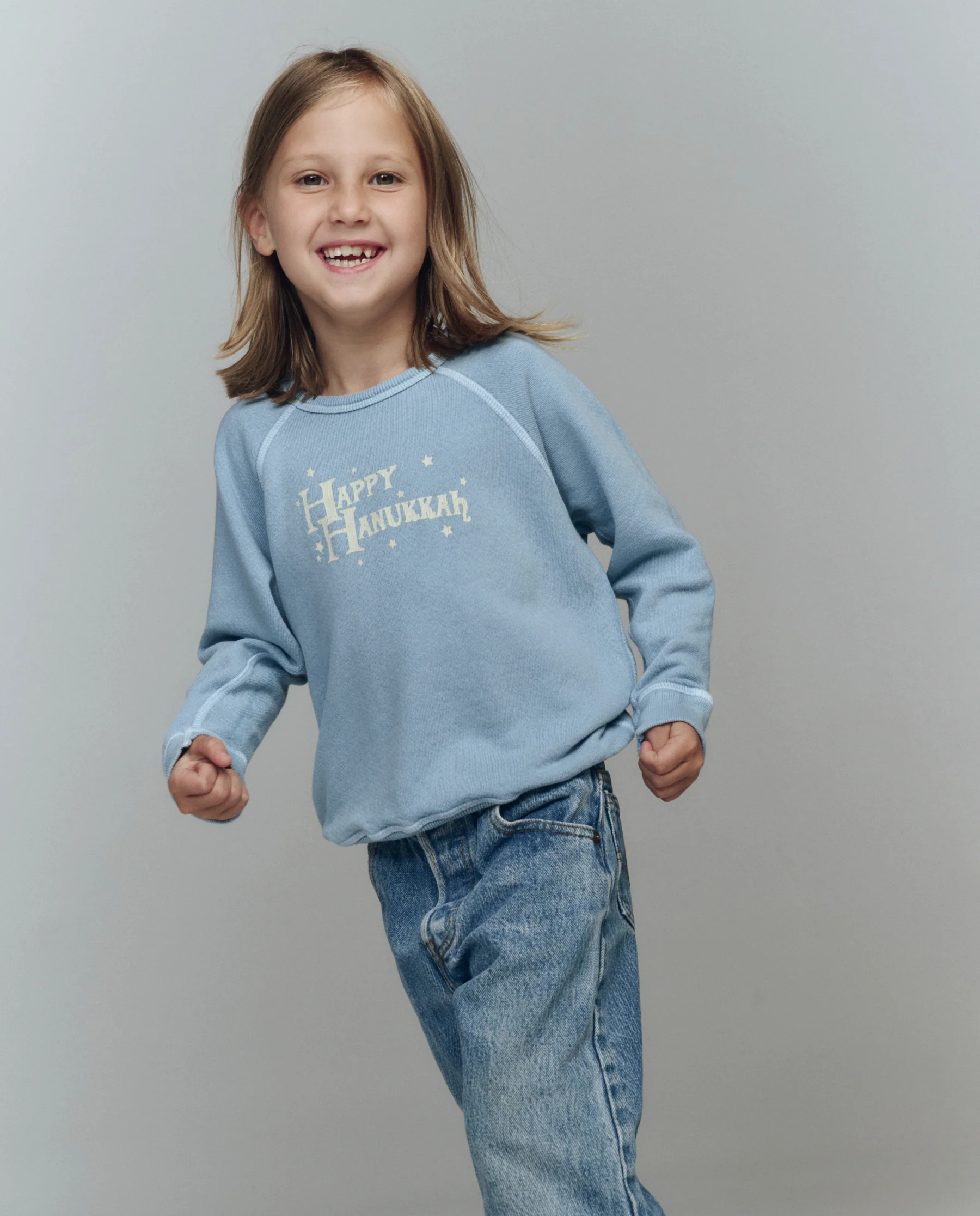 The Little College Sweatshirt. Graphic -- Confection Blue with Happy Hannukah Graphic - Image 4