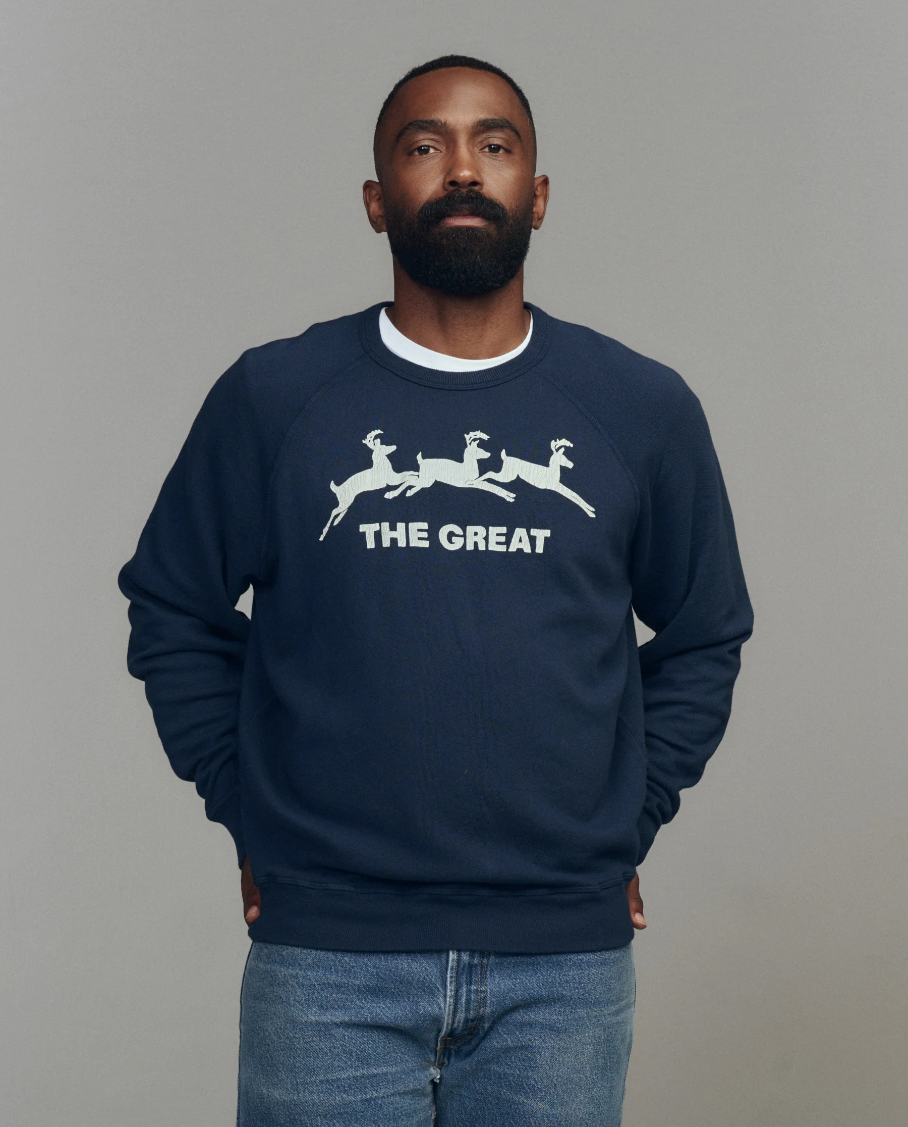 The Men's College Sweatshirt. Graphic -- Navy with Deer Graphic - Image 3