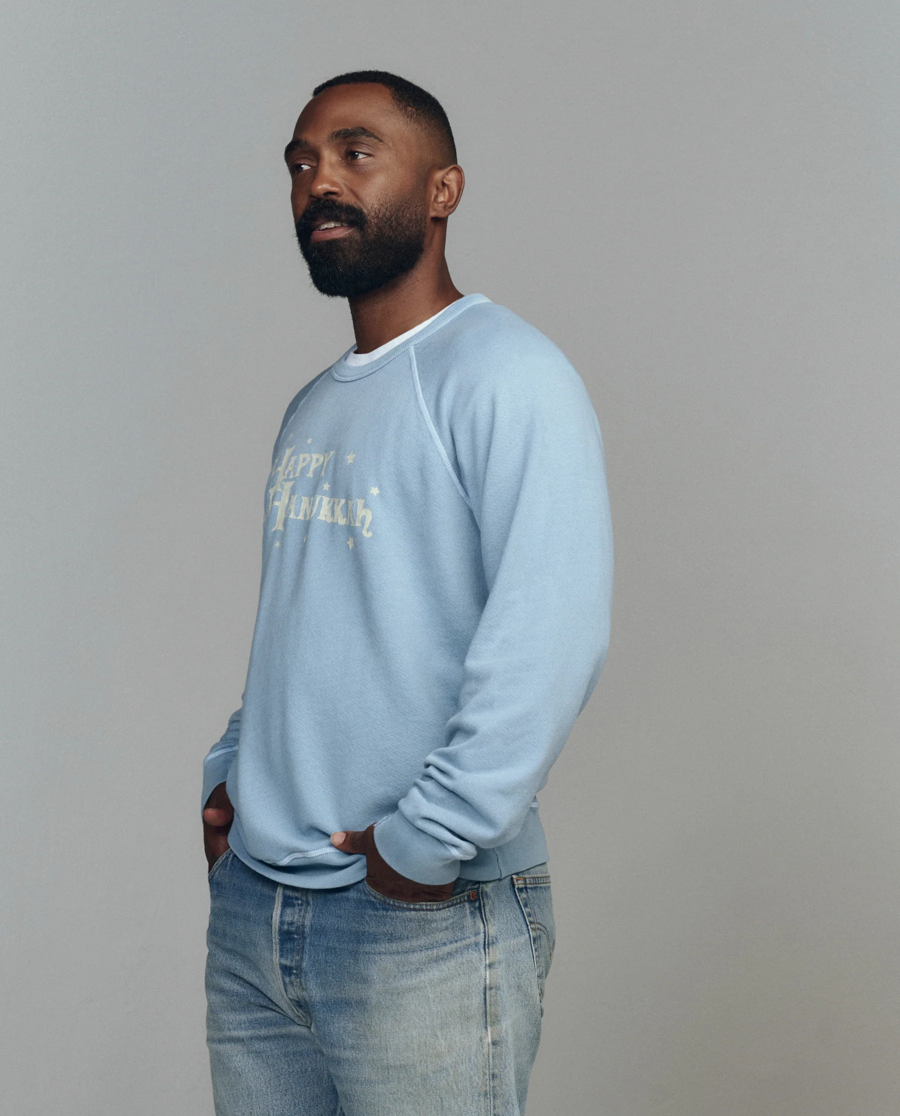 The Men's College Sweatshirt. Graphic -- Confection Blue with Happy Hannukah Graphic - Image 3
