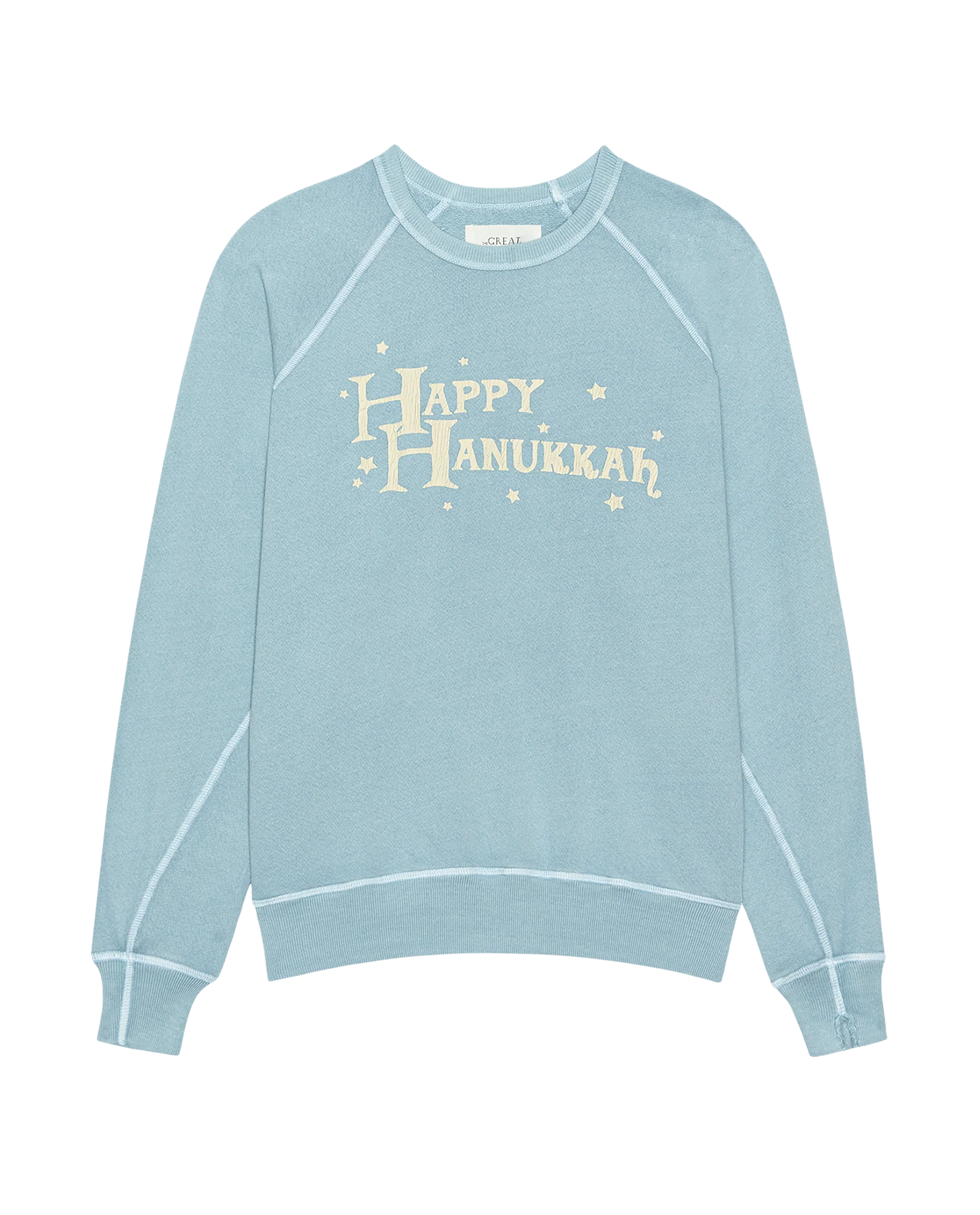 The Men's College Sweatshirt. Graphic -- Confection Blue with Happy Hannukah Graphic - Image 4