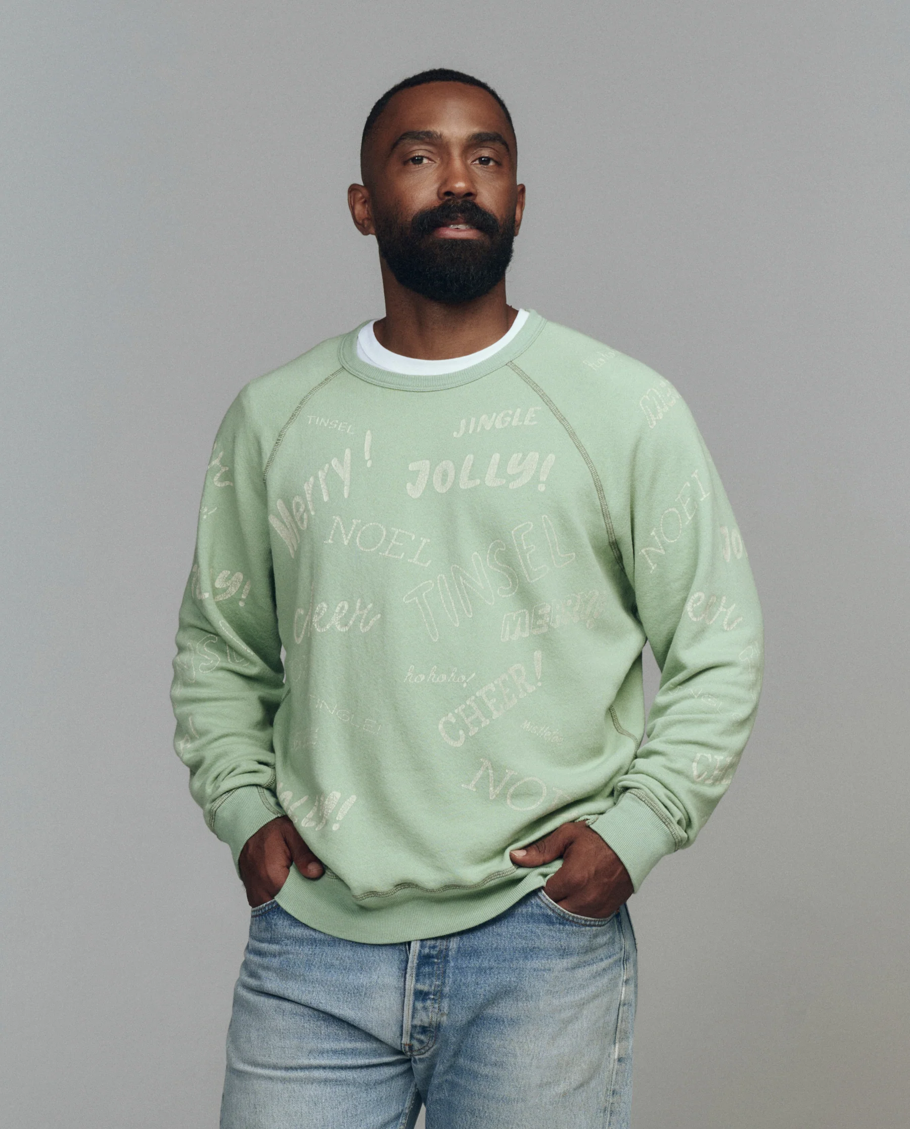 The Men's College Sweatshirt. Graphic -- Vintage Mint with Holiday Greetings Graphic - Image 3