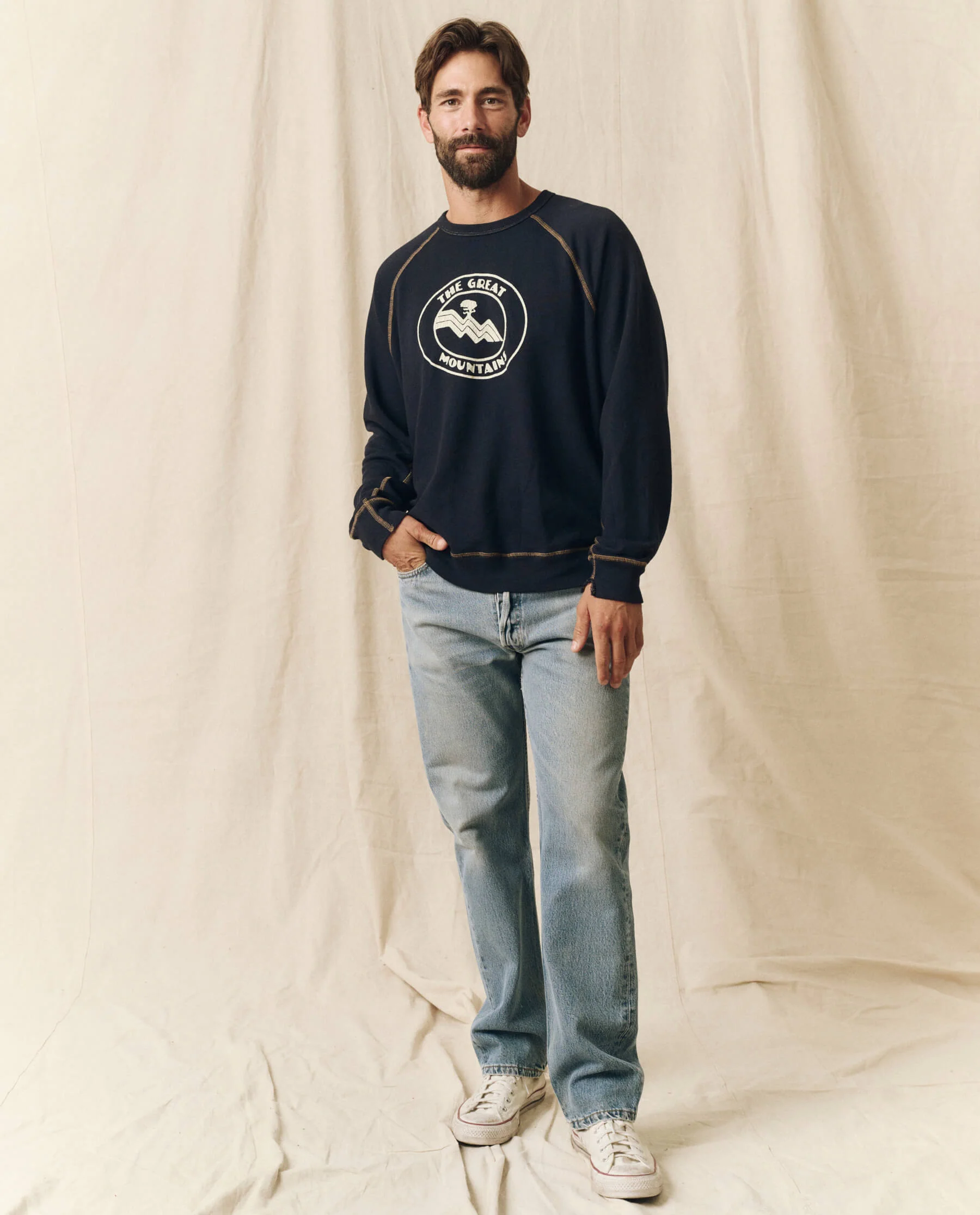 The Men's College Sweatshirt. Graphic -- Stargazer Blue with Mountain Resort Graphic - Image 2