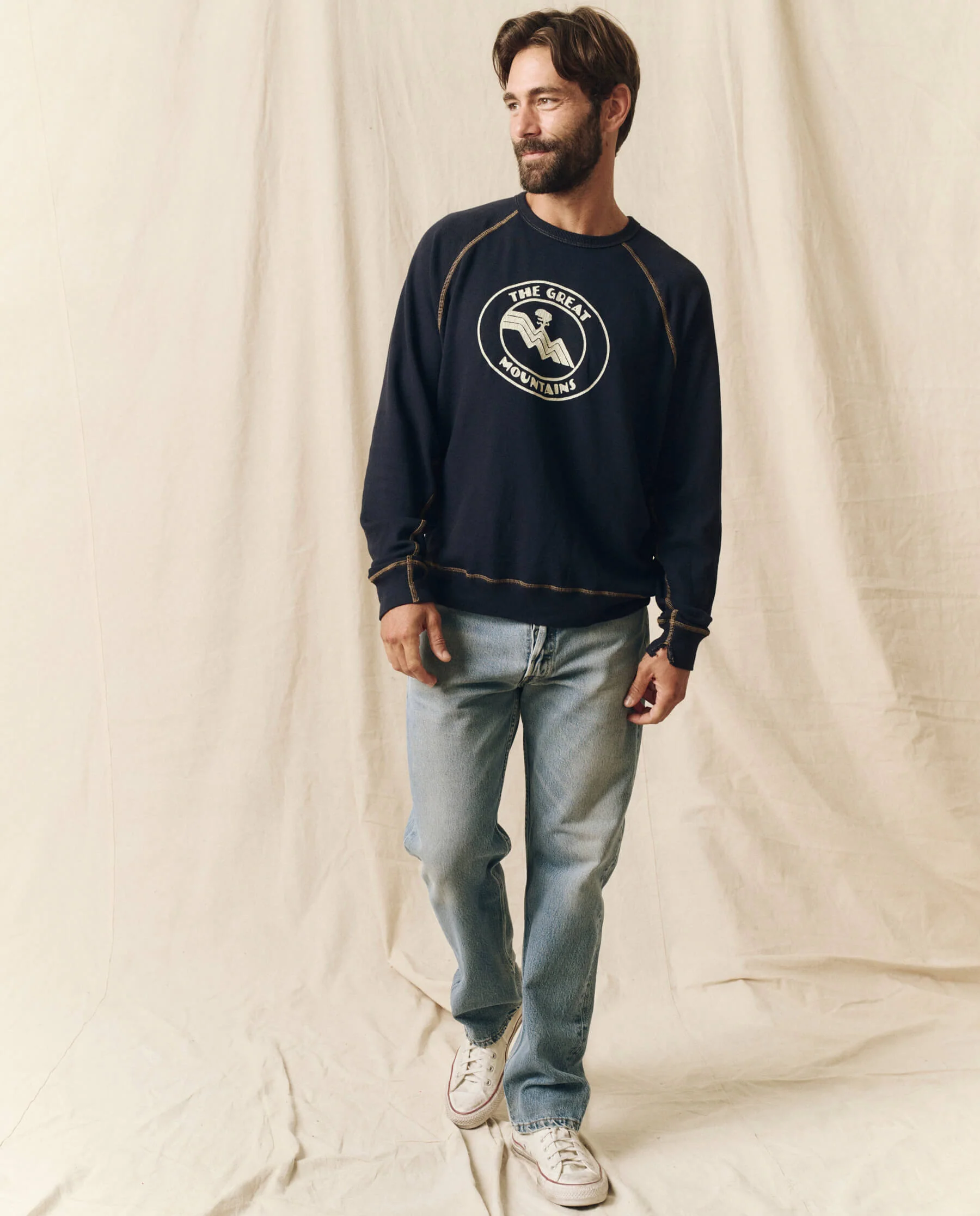 The Men's College Sweatshirt. Graphic -- Stargazer Blue with Mountain Resort Graphic - Image 5