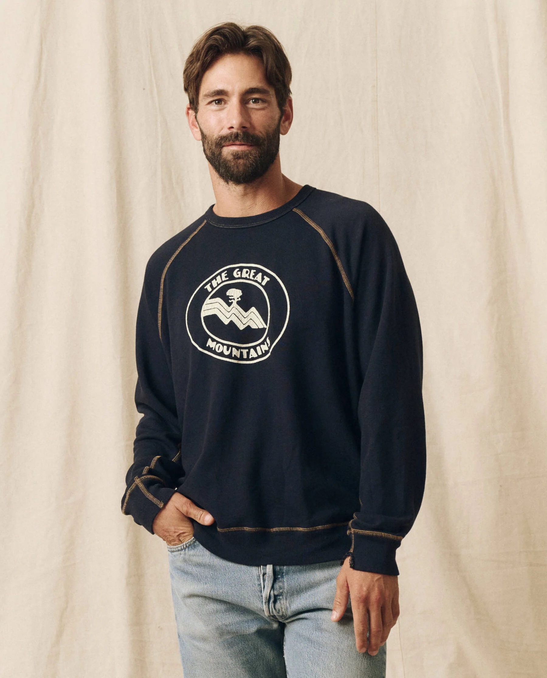 The Men's College Sweatshirt. Graphic -- Stargazer Blue with Mountain Resort Graphic - Image 6