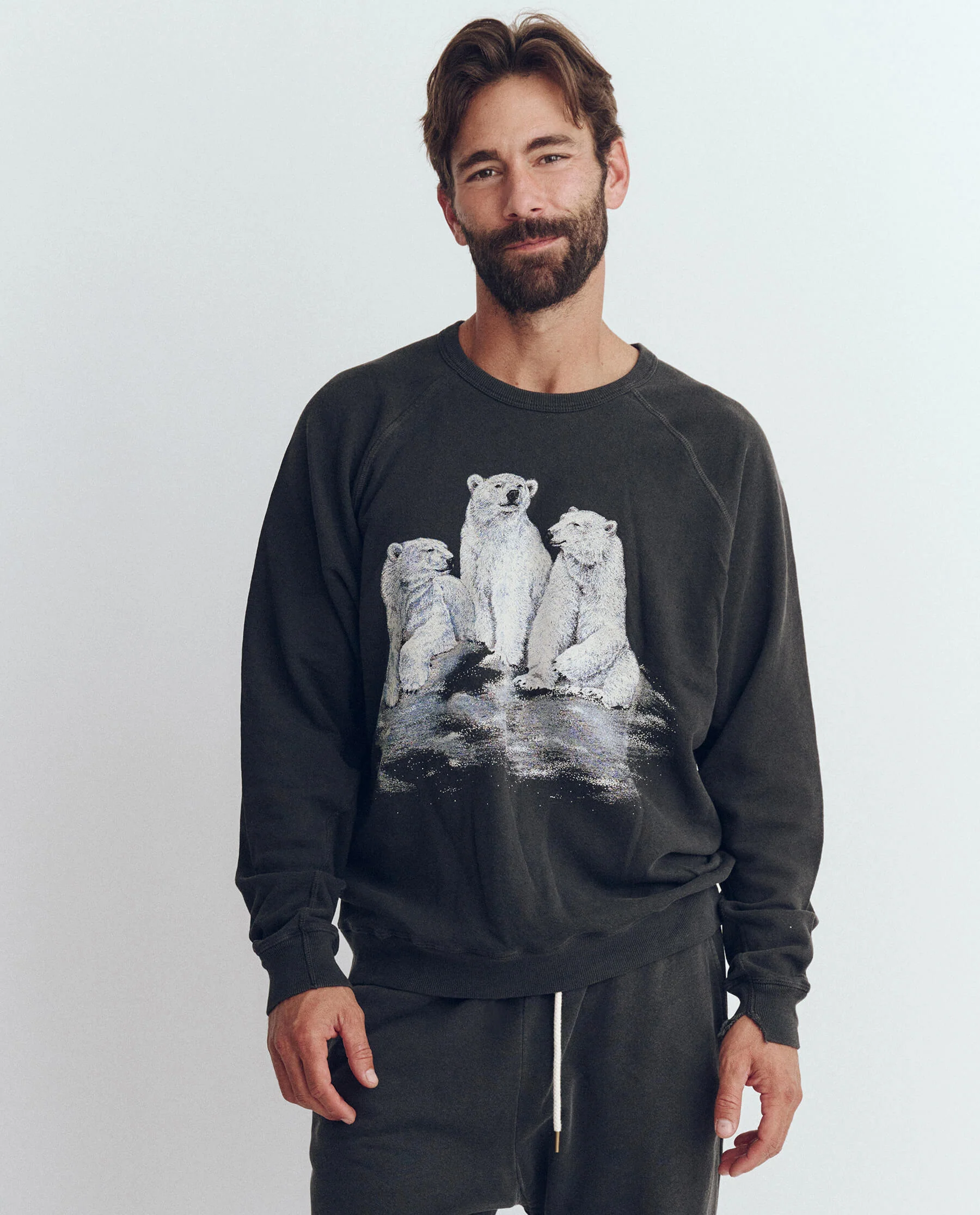 The Men's College Sweatshirt. Graphic -- Washed Black with Polar Bear Graphic - Image 3