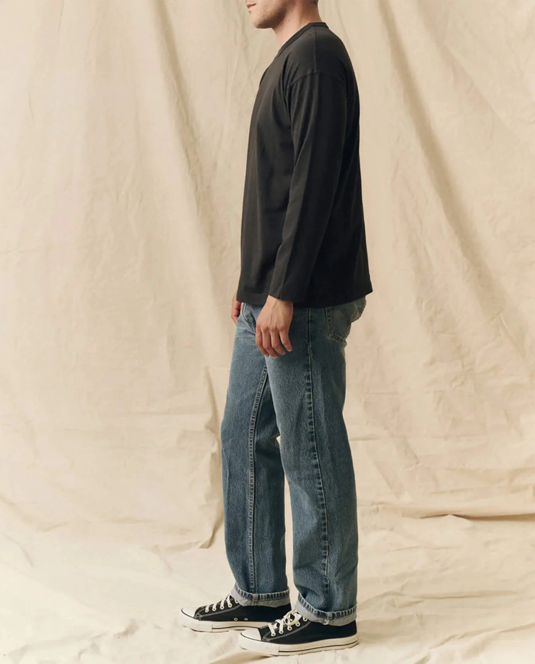 The Men's Pure Knits Long Sleeve Boxy Crew. Solid -- Almost Black - Image 3