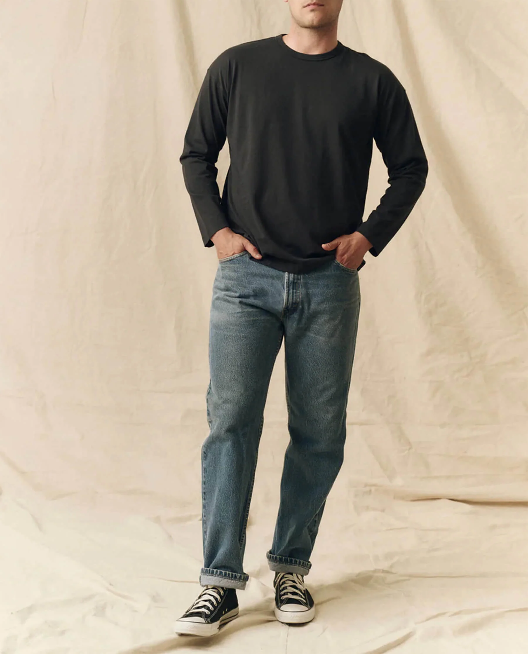 The Men's Pure Knits Long Sleeve Boxy Crew. Solid -- Almost Black - Image 4