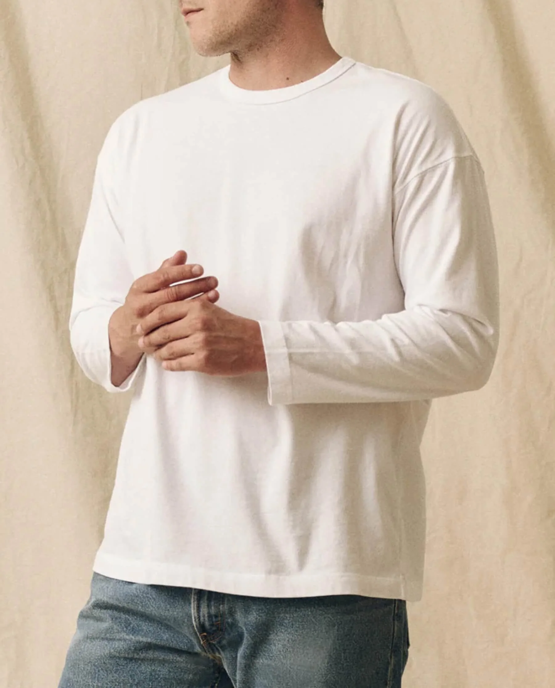 The Men's Pure Knits Long Sleeve Boxy Crew. Solid -- True White - Image 2