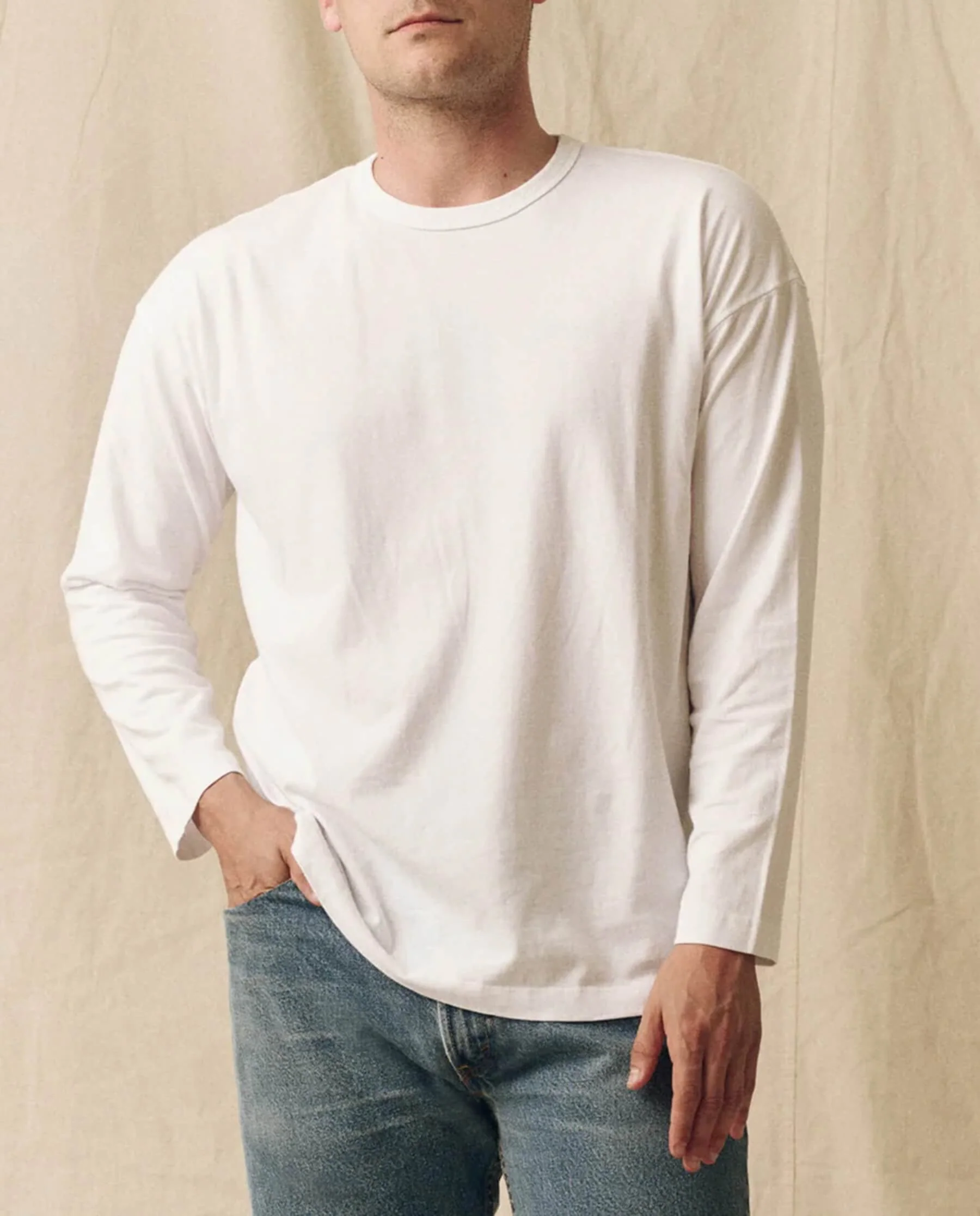 The Men's Pure Knits Long Sleeve Boxy Crew. Solid -- True White - Image 3