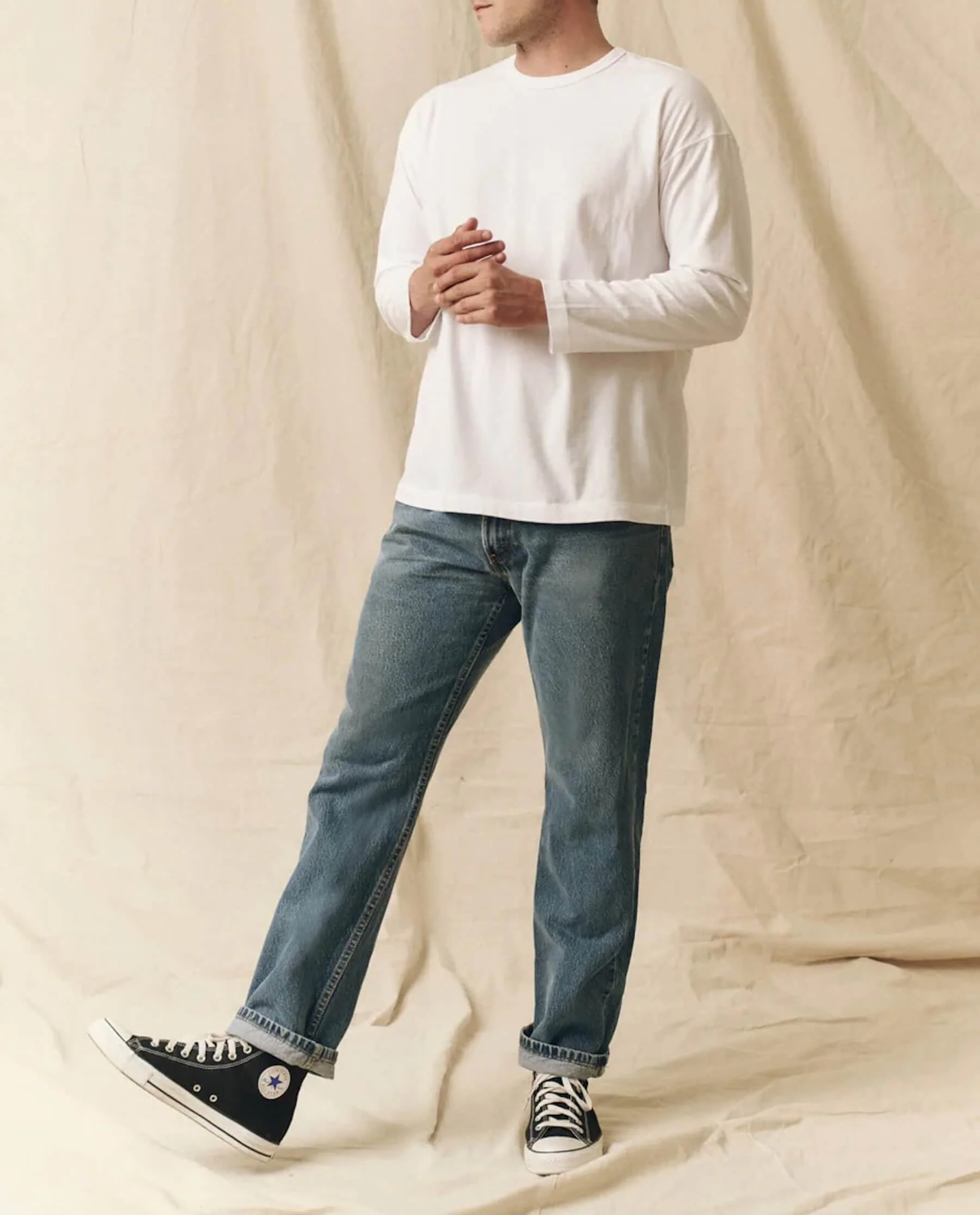 The Men's Pure Knits Long Sleeve Boxy Crew. Solid -- True White - Image 4