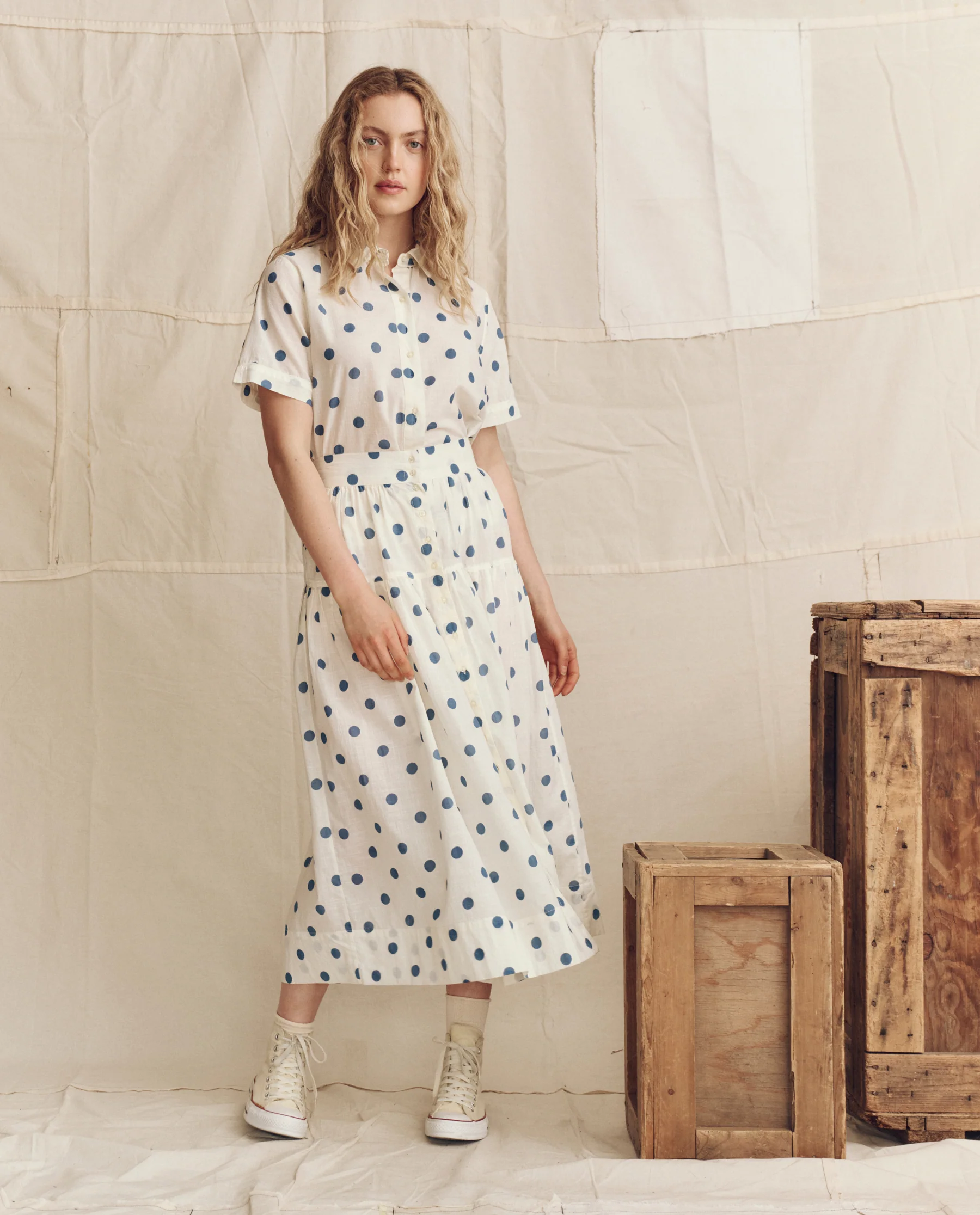 The Messenger Top. -- Cream with Blue Polka Dots - Image 2