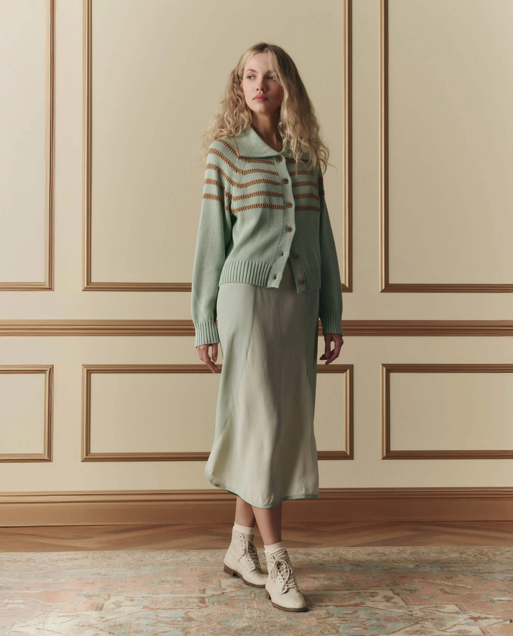 The Scholar Cardigan W/ Crochet Stripes. -- Seafoam - Image 3