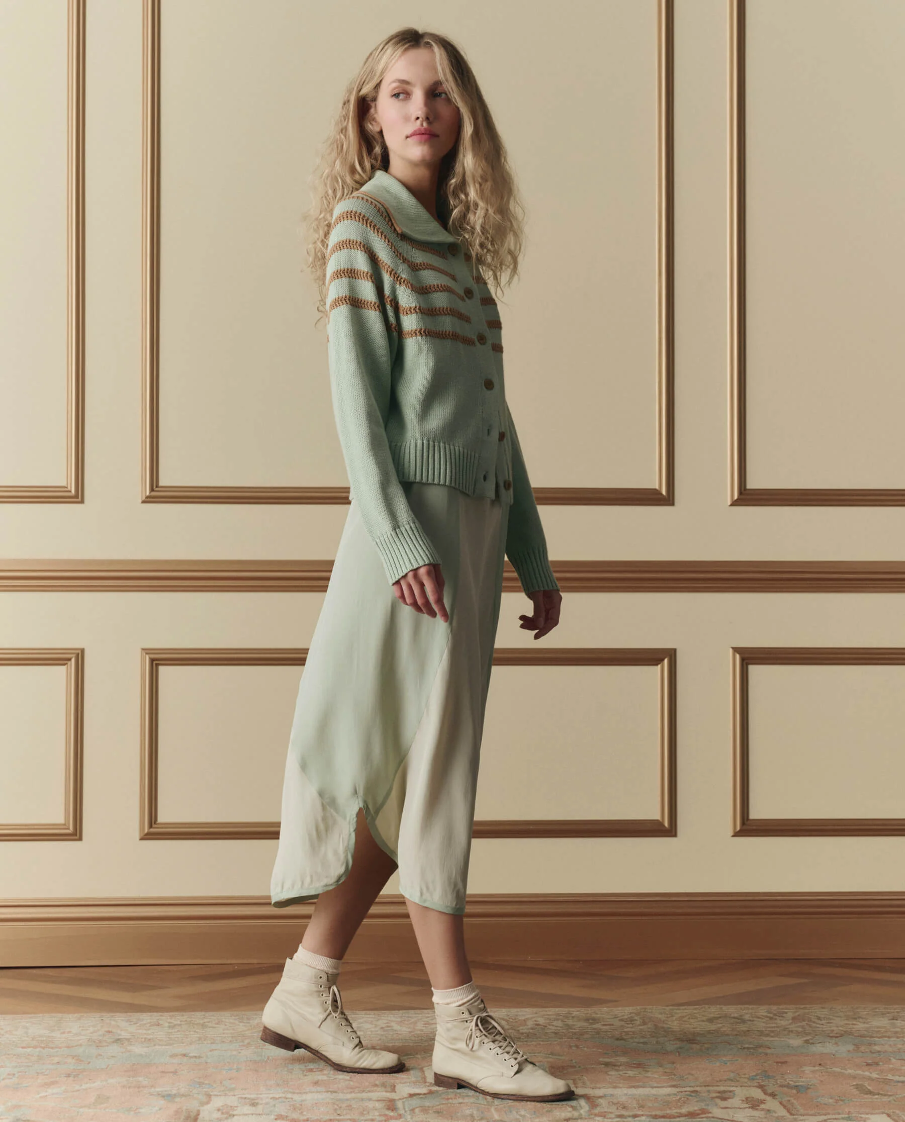 The Scholar Cardigan W/ Crochet Stripes. -- Seafoam - Image 4