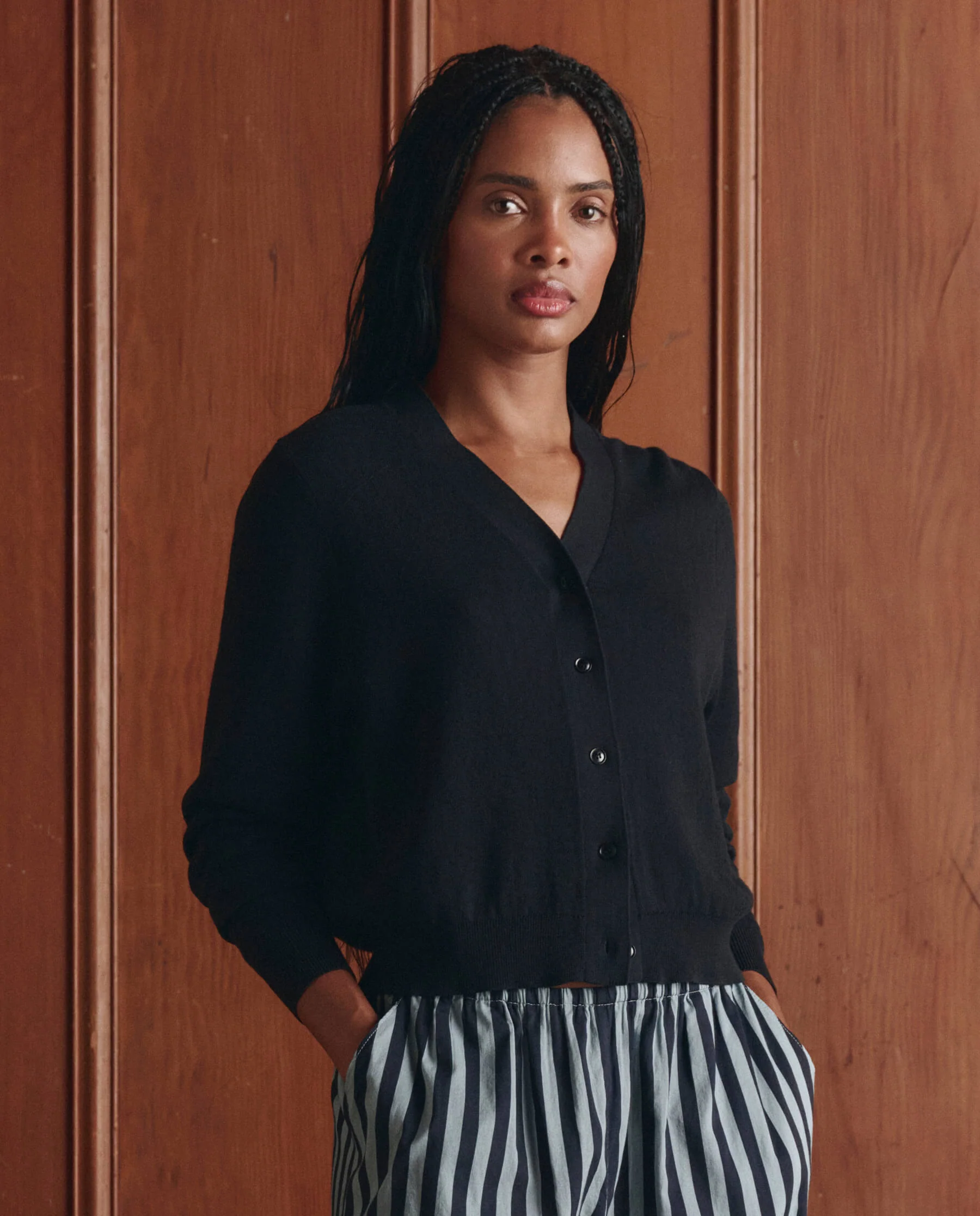 The Shrunken V Neck Cardigan. -- Black - Image 4