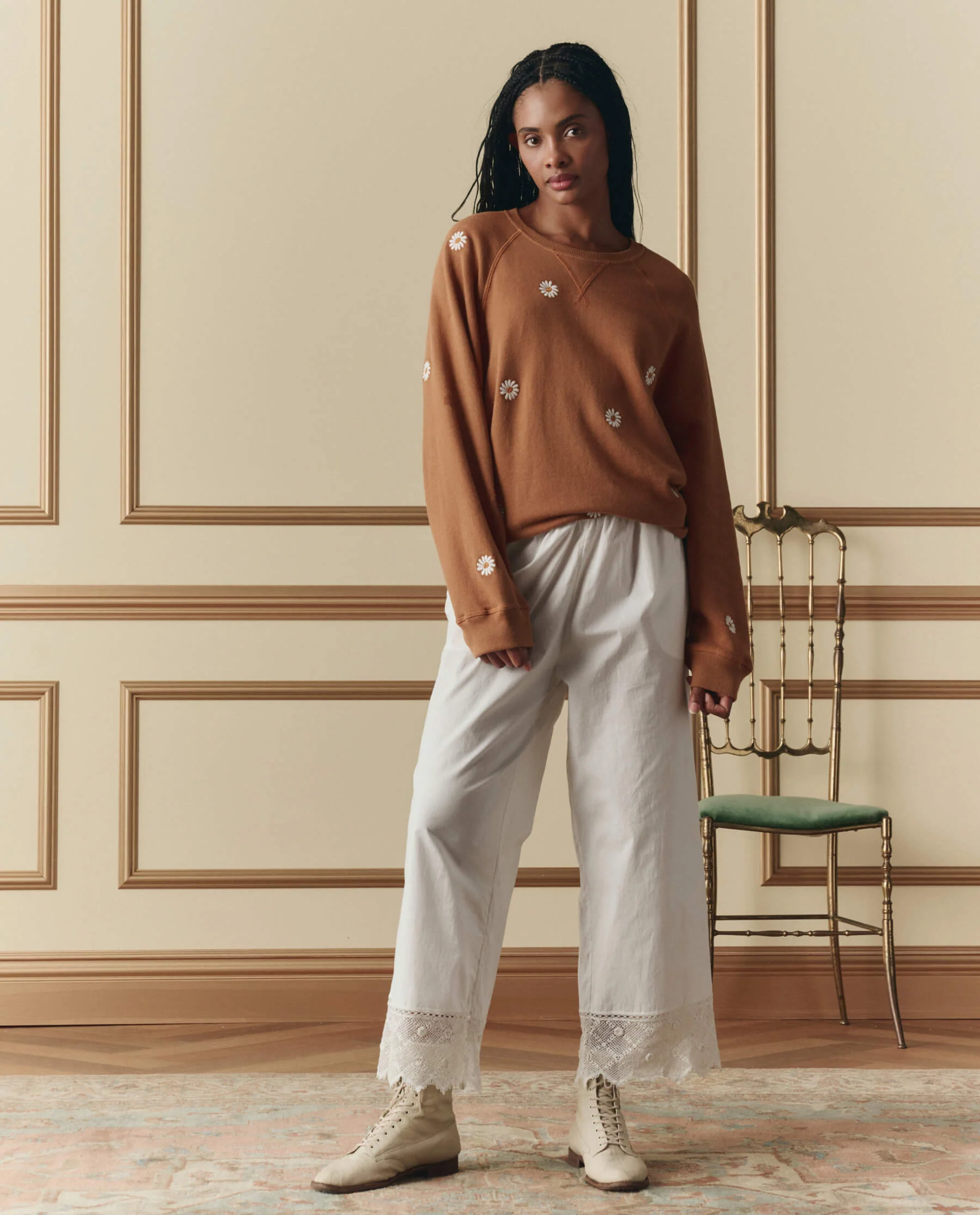 The Slouch Sweatshirt W/ Floating Daisy Embroidery. -- Suntan - Image 5