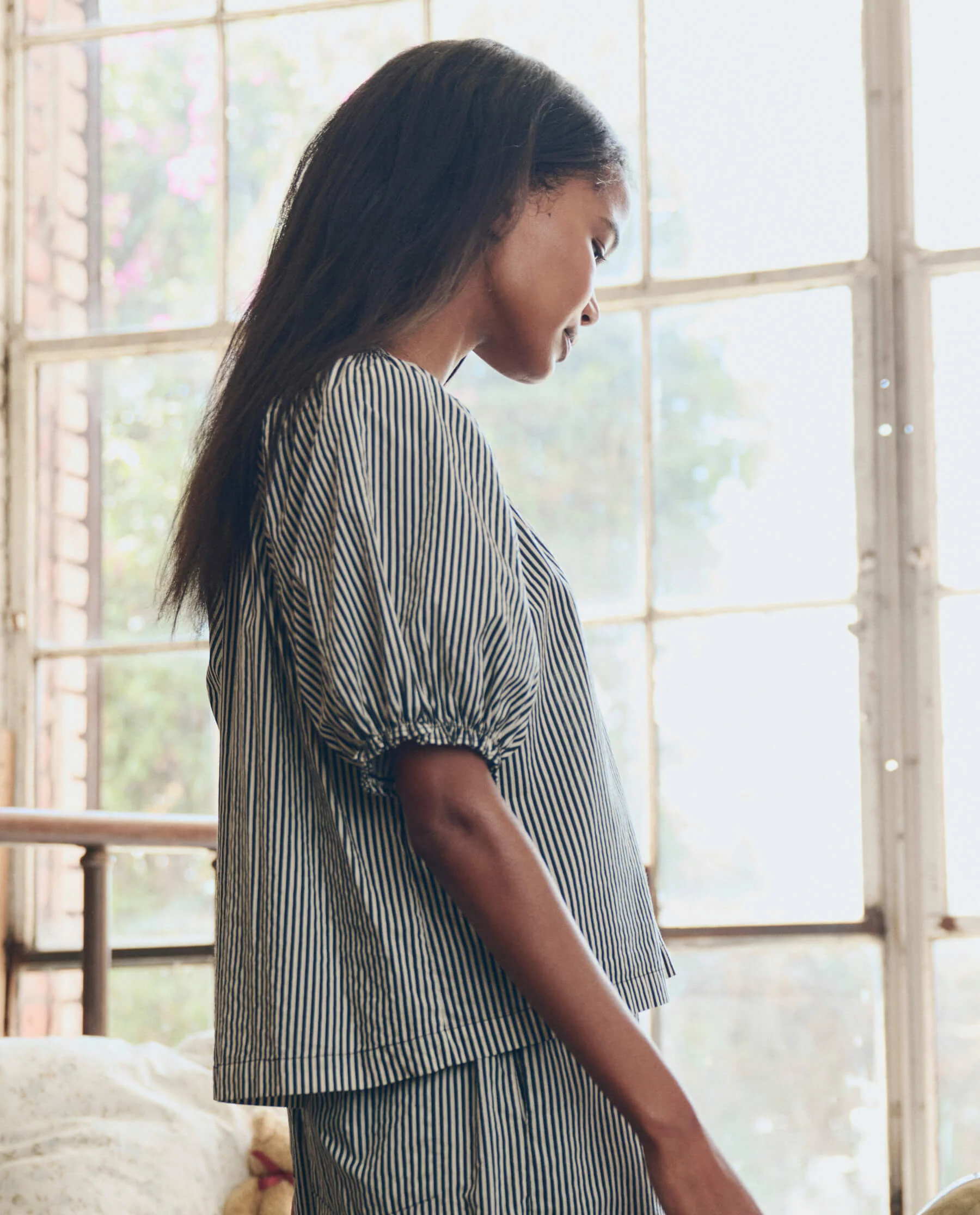 The Smocked Sleep Top. -- Black and Cream Crew Stripe - Image 4