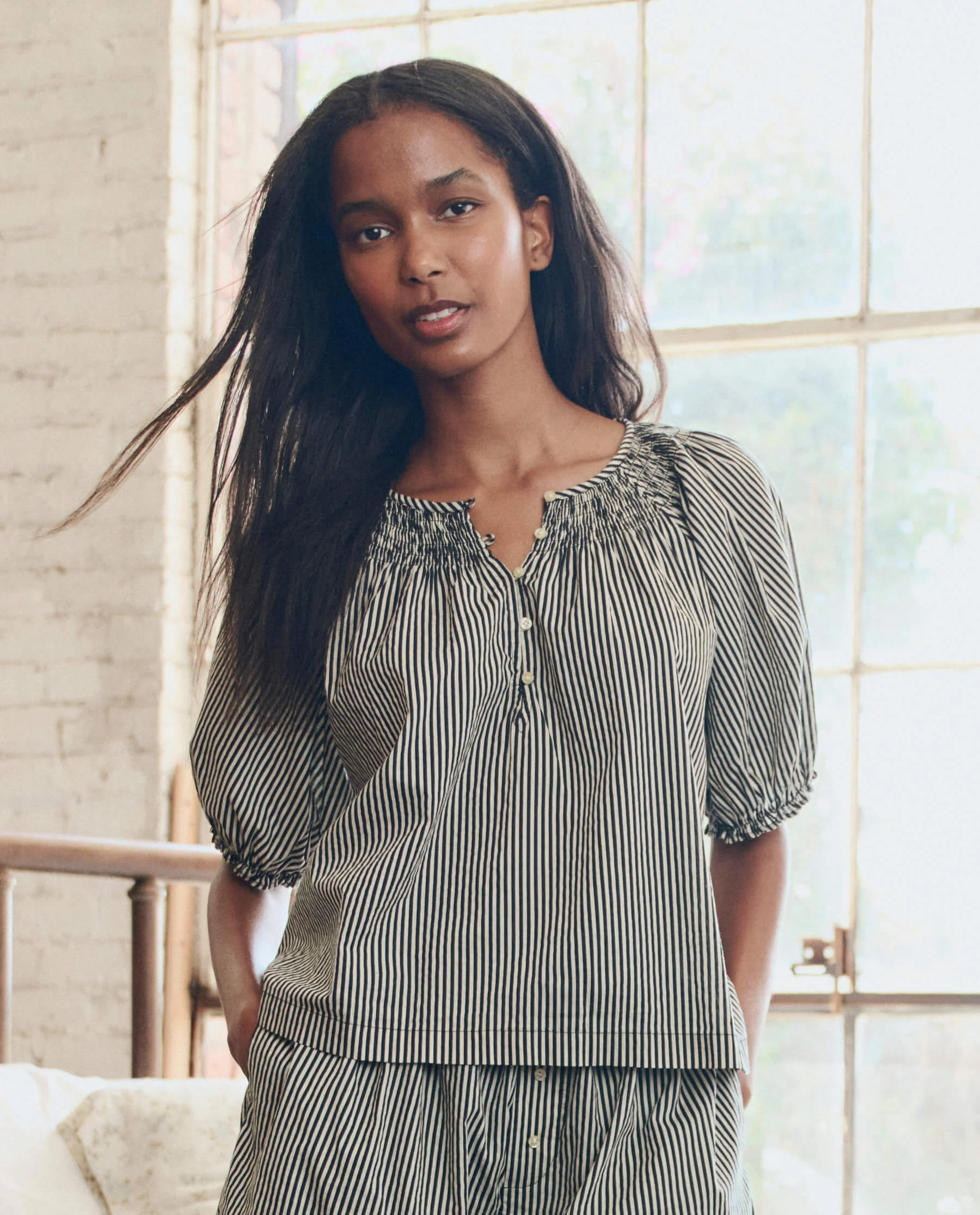 The Smocked Sleep Top. -- Black and Cream Crew Stripe - Image 5