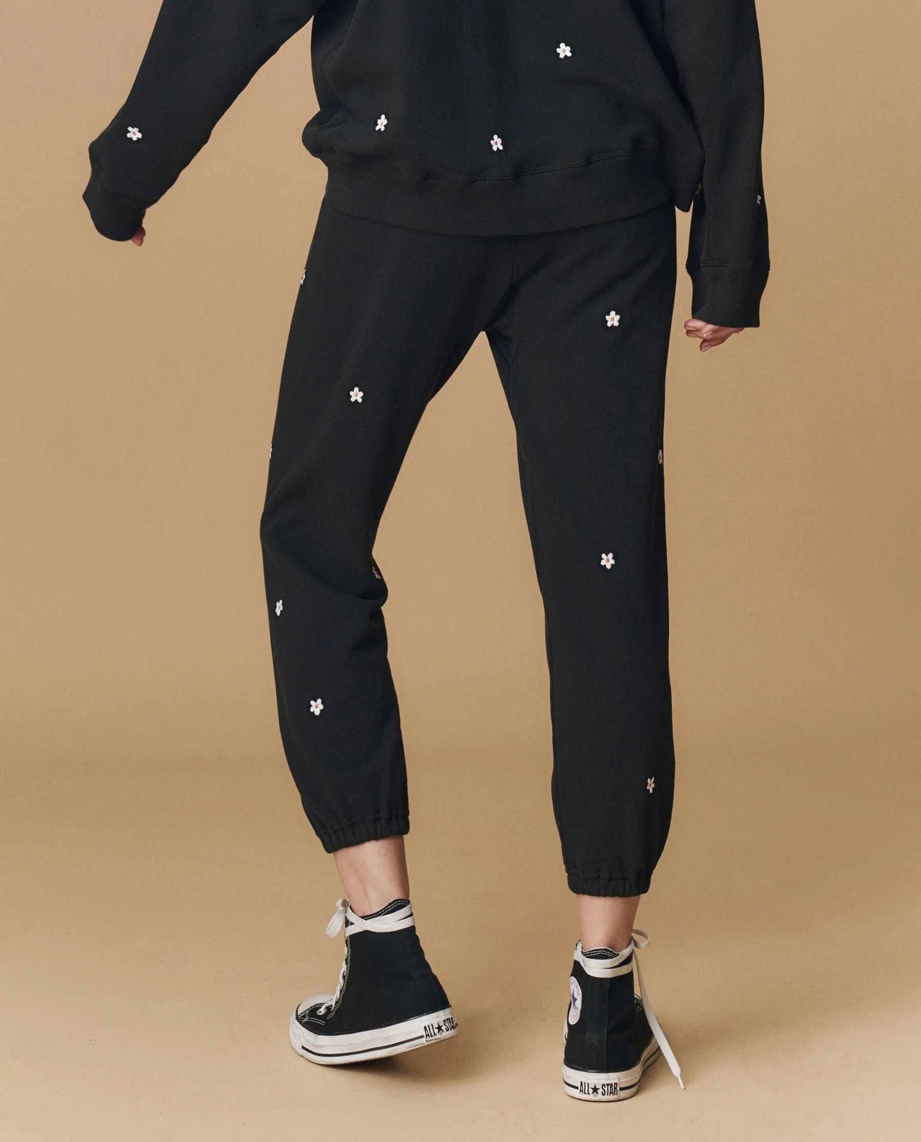 The Stadium Sweatpant. Embroidered -- Almost Black With Daisy Embroidery - Image 2