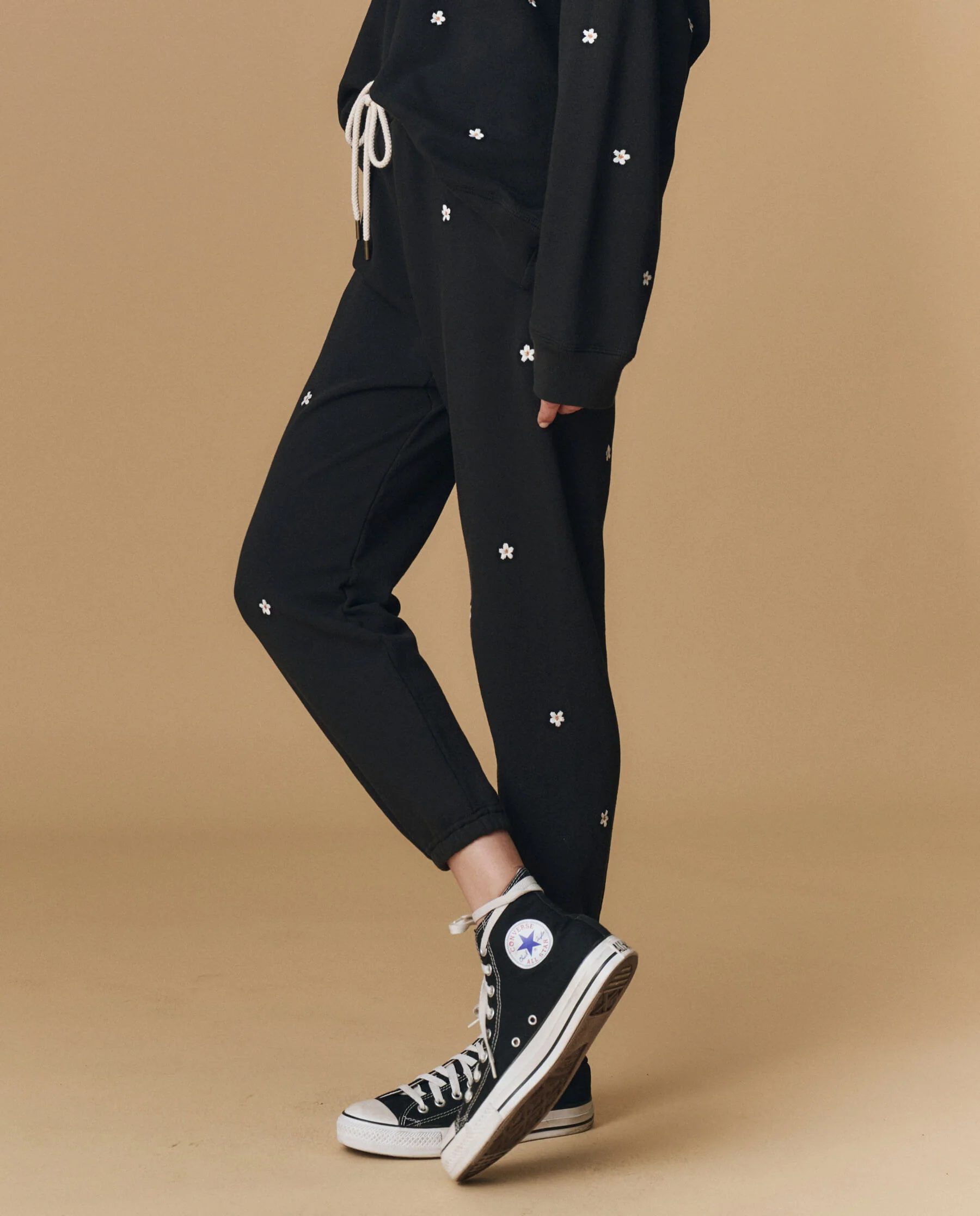 The Stadium Sweatpant. Embroidered -- Almost Black With Daisy Embroidery - Image 3