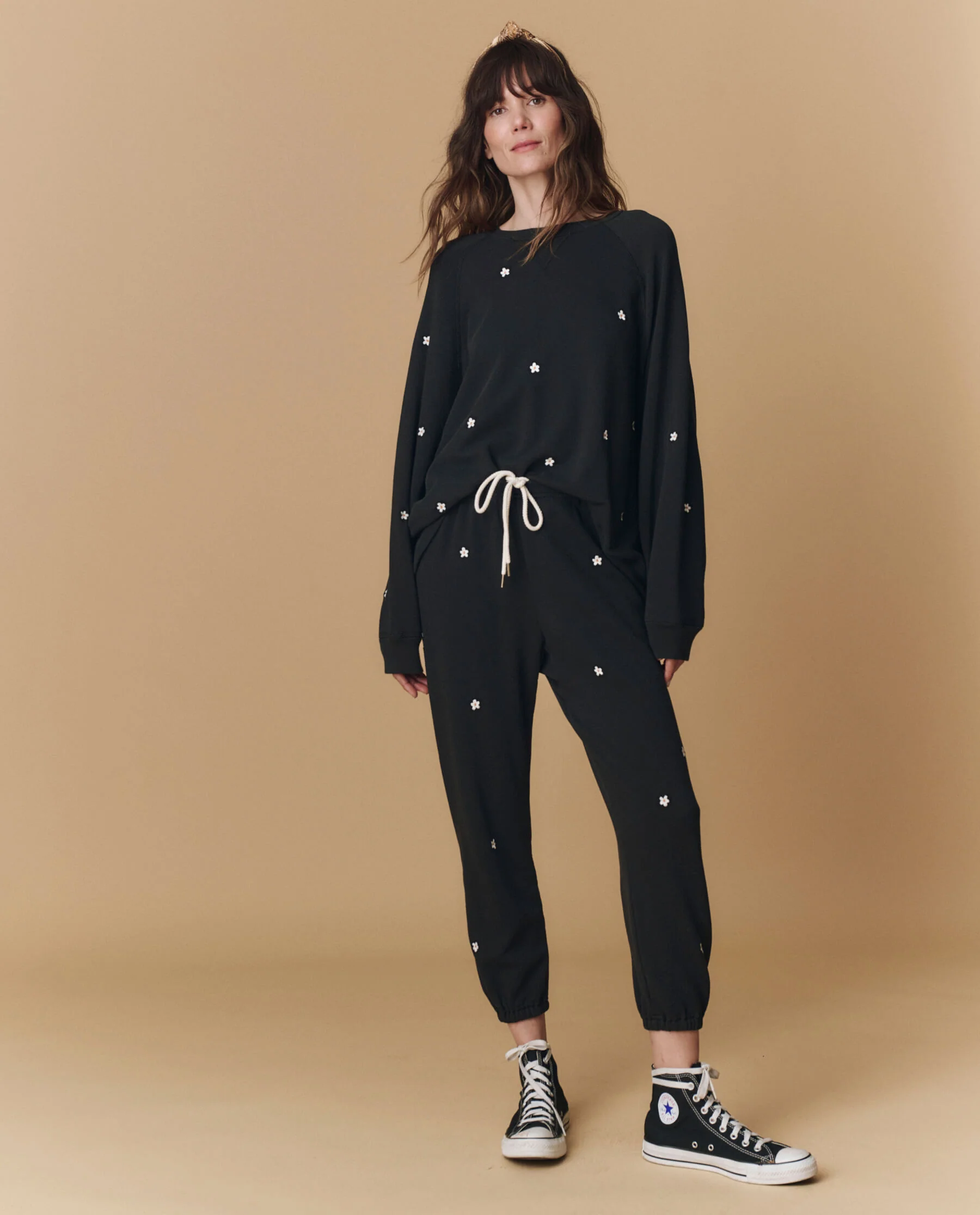 The Stadium Sweatpant. Embroidered -- Almost Black With Daisy Embroidery - Image 5