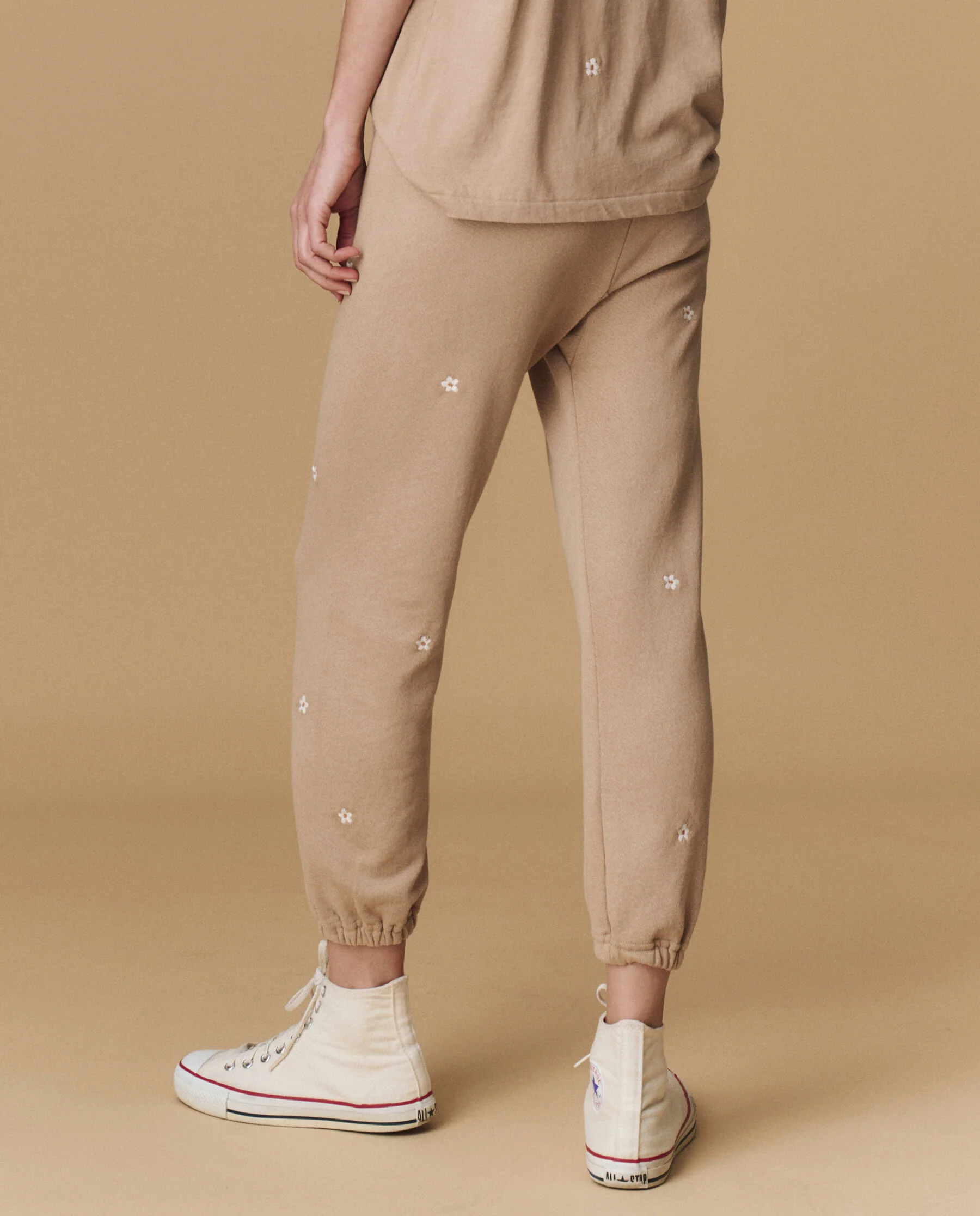 The Stadium Sweatpant. Embroidered -- Khaki with Daisy Embroidery - Image 2