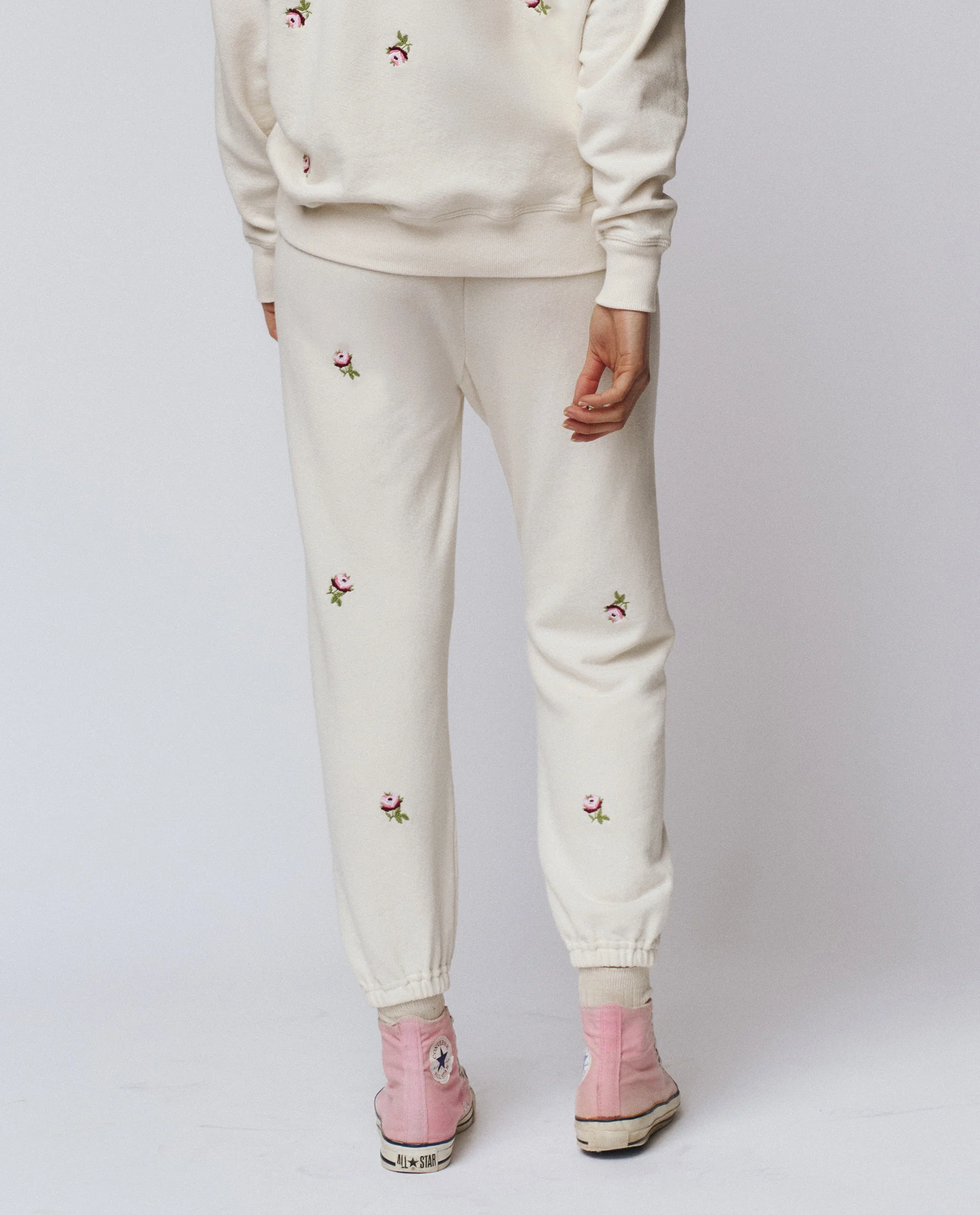 The Stadium Sweatpant. Embroidered -- Washed White With Embroidered Roses - Image 2