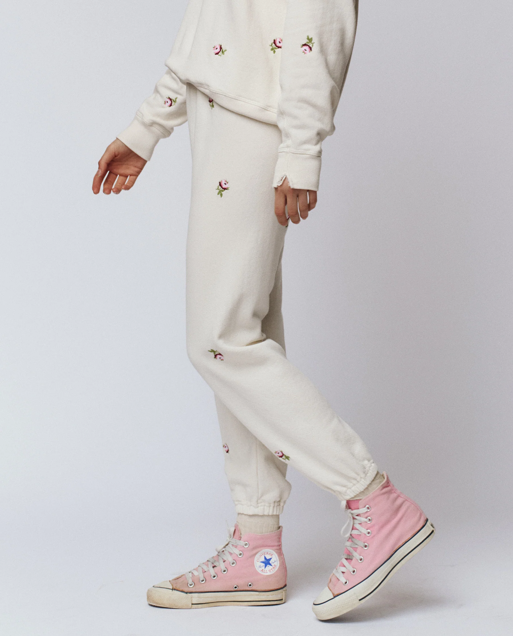 The Stadium Sweatpant. Embroidered -- Washed White With Embroidered Roses - Image 3