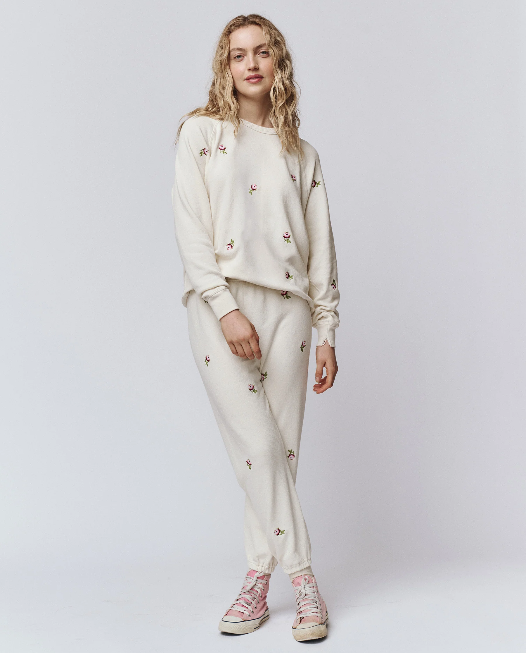 The Stadium Sweatpant. Embroidered -- Washed White With Embroidered Roses - Image 4