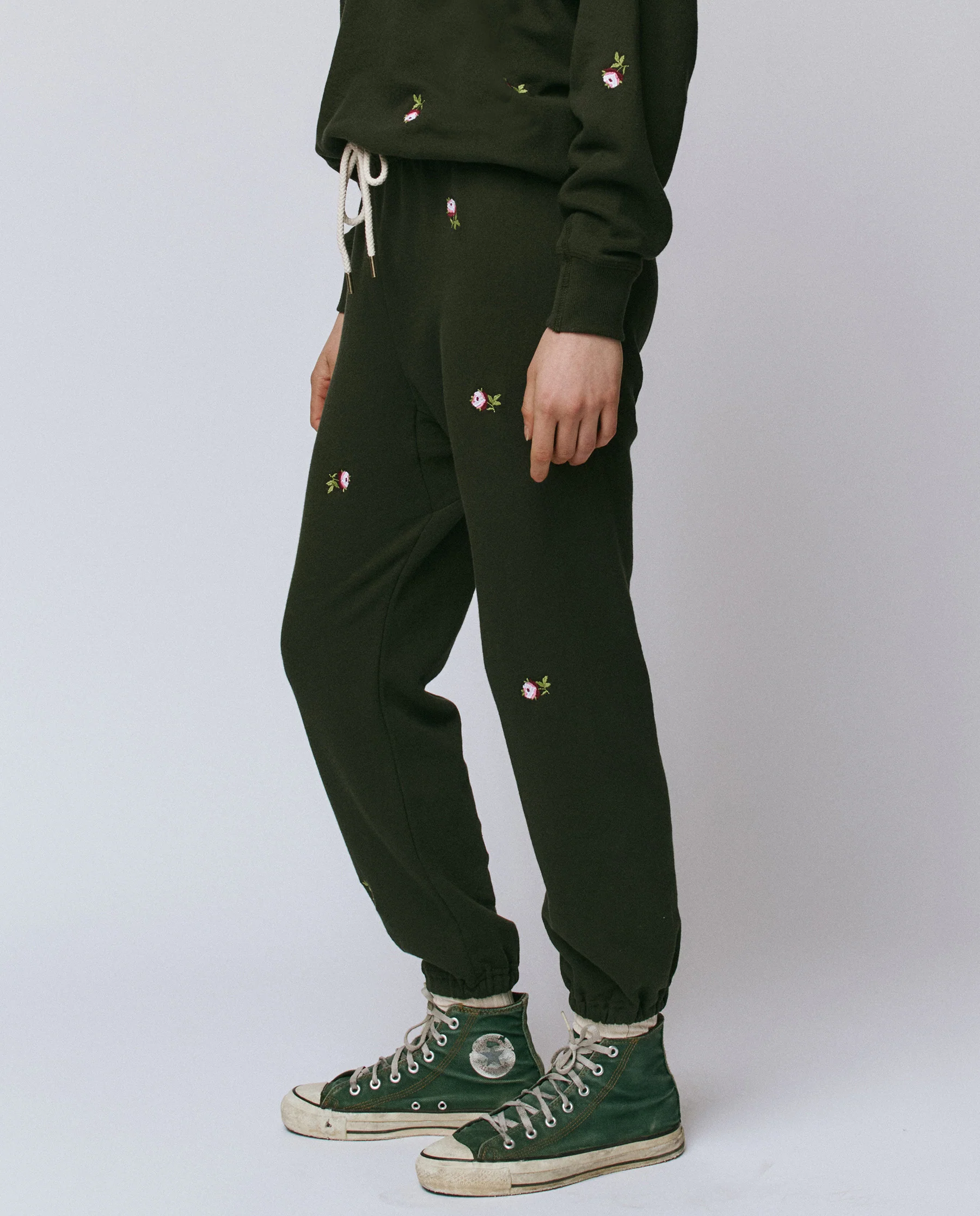 The Stadium Sweatpant. Embroidered -- Woodland Green With Embroidered Roses - Image 3