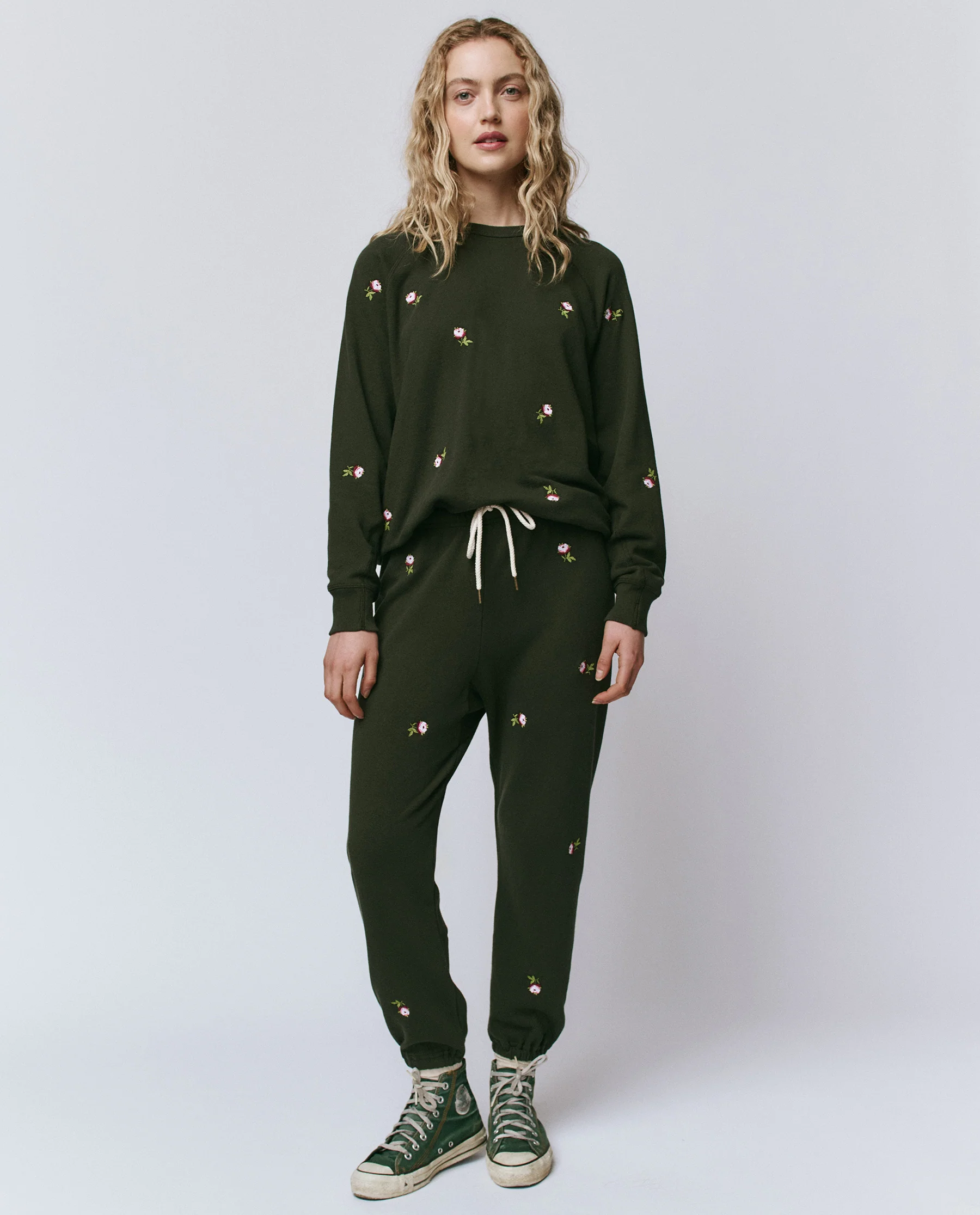 The Stadium Sweatpant. Embroidered -- Woodland Green With Embroidered Roses - Image 4