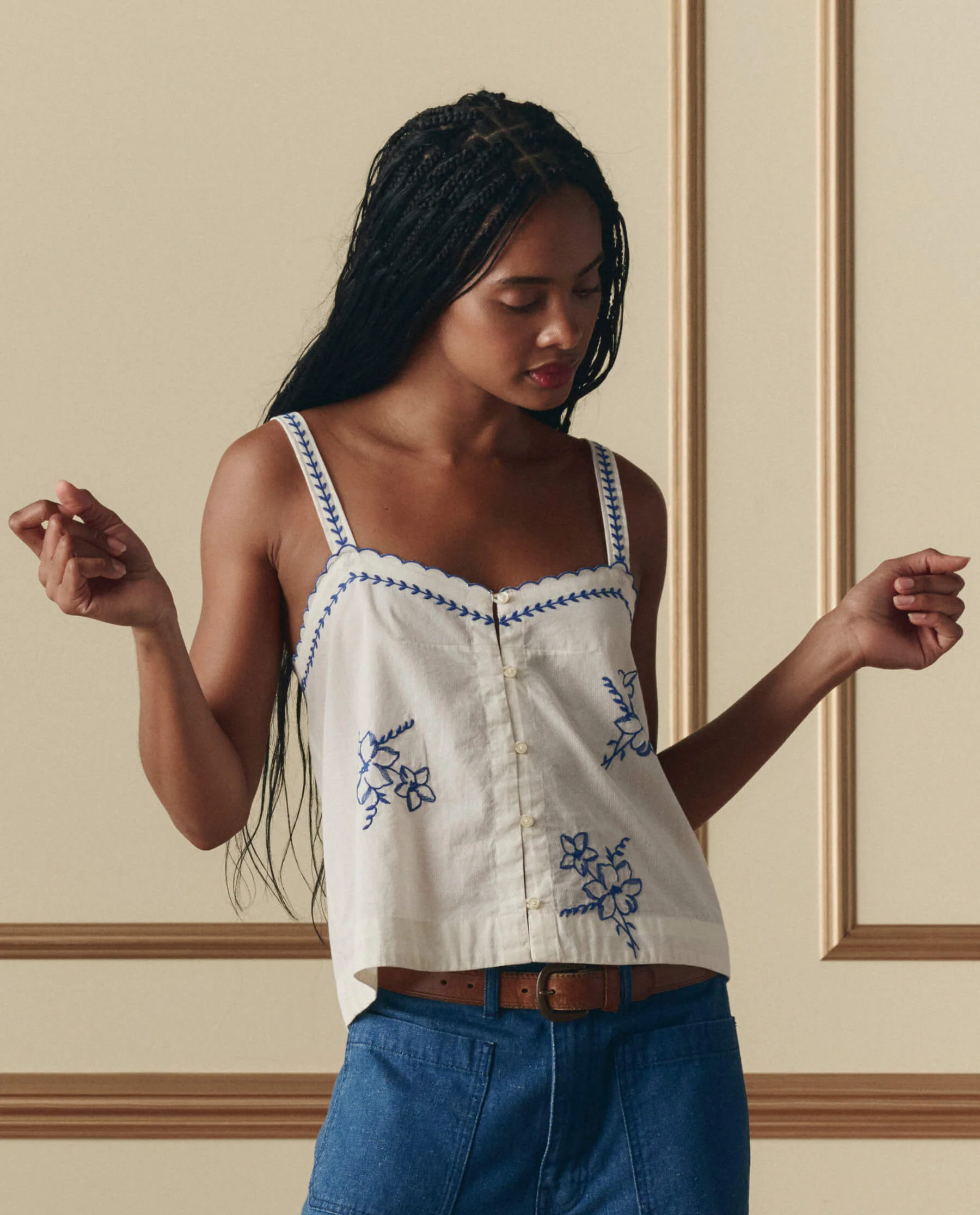 The Weekend Tank W/ Hanky Embroidery. -- Cream - Image 2