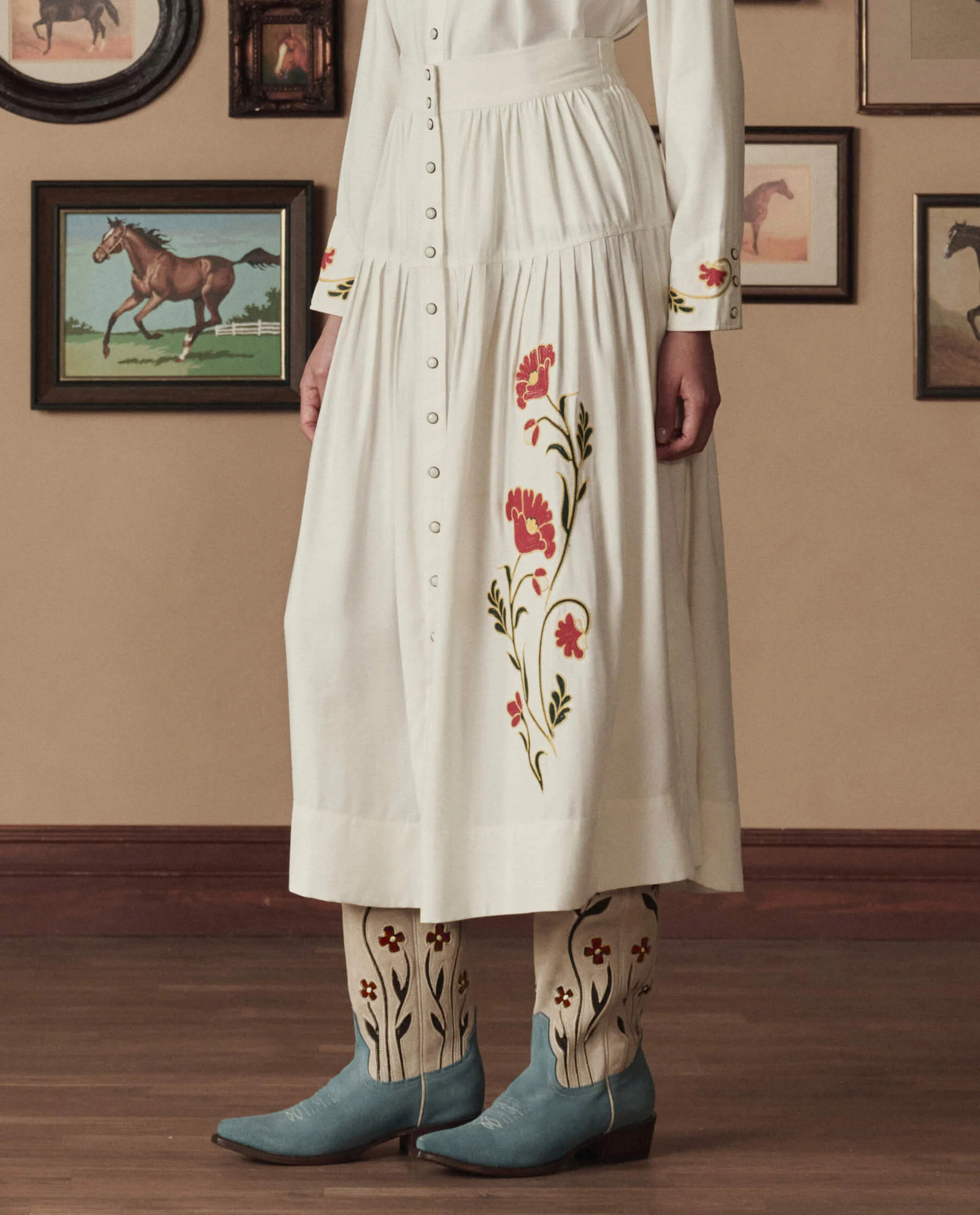 The Western Embroidered Highland Skirt. -- Cream With Chambray Mix Multi Emb - Image 3
